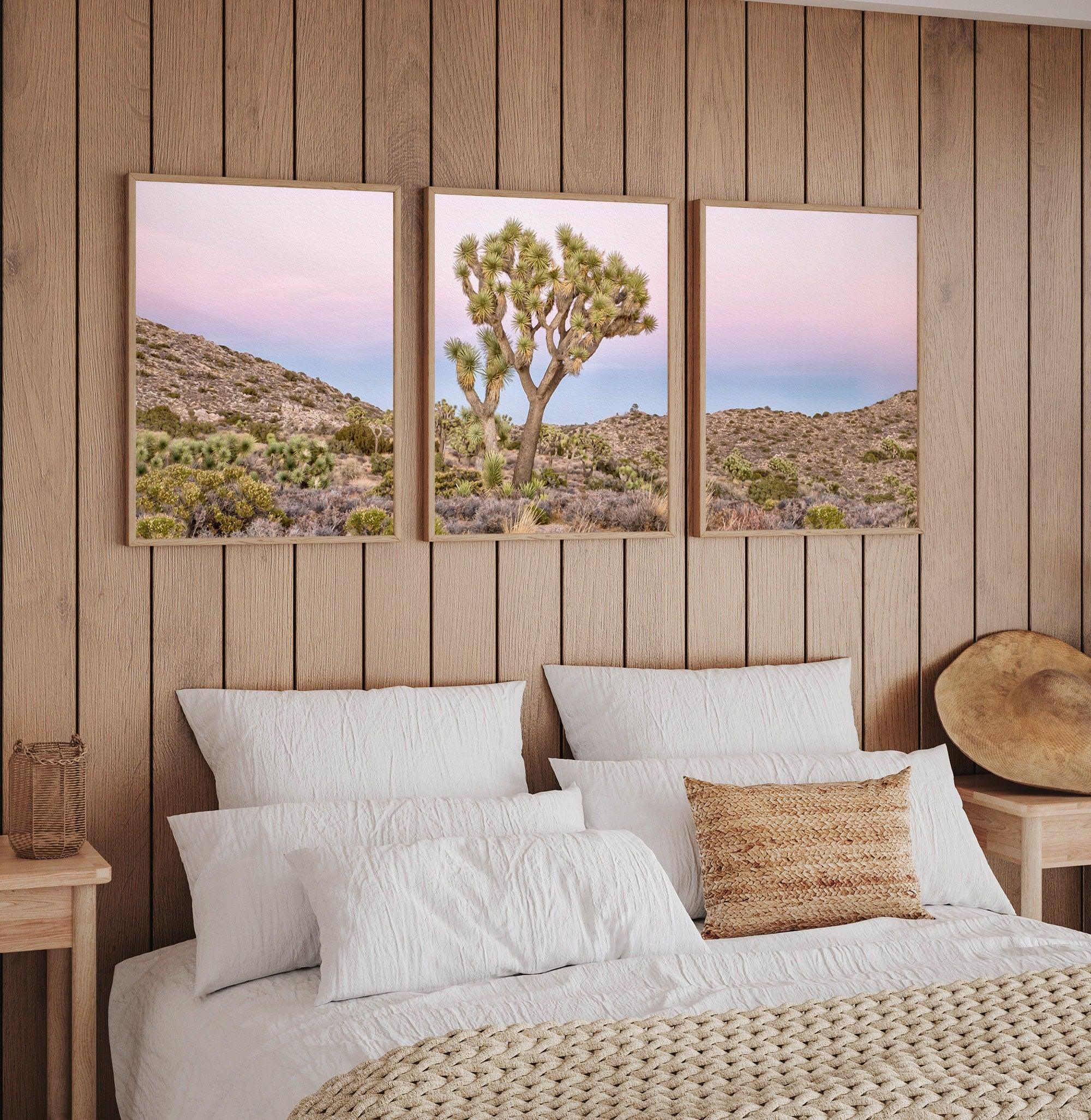 A canvas large wall art set of Joshua Tree National Park. This canvas print showcases a stunning lone Joshua tree standing in the desert with desert plantation all around and breathtaking pink sunset in the backdrop.