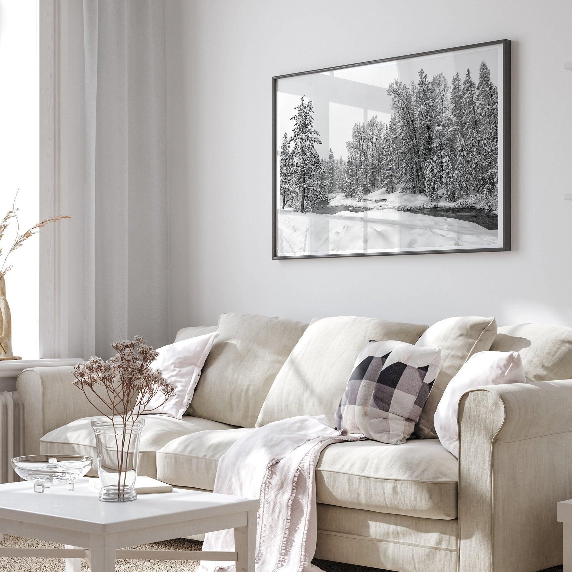 A fine art framed on unframed snowy forest print of forest and river all covered in snow. Taken near Lake Tahoe, California.