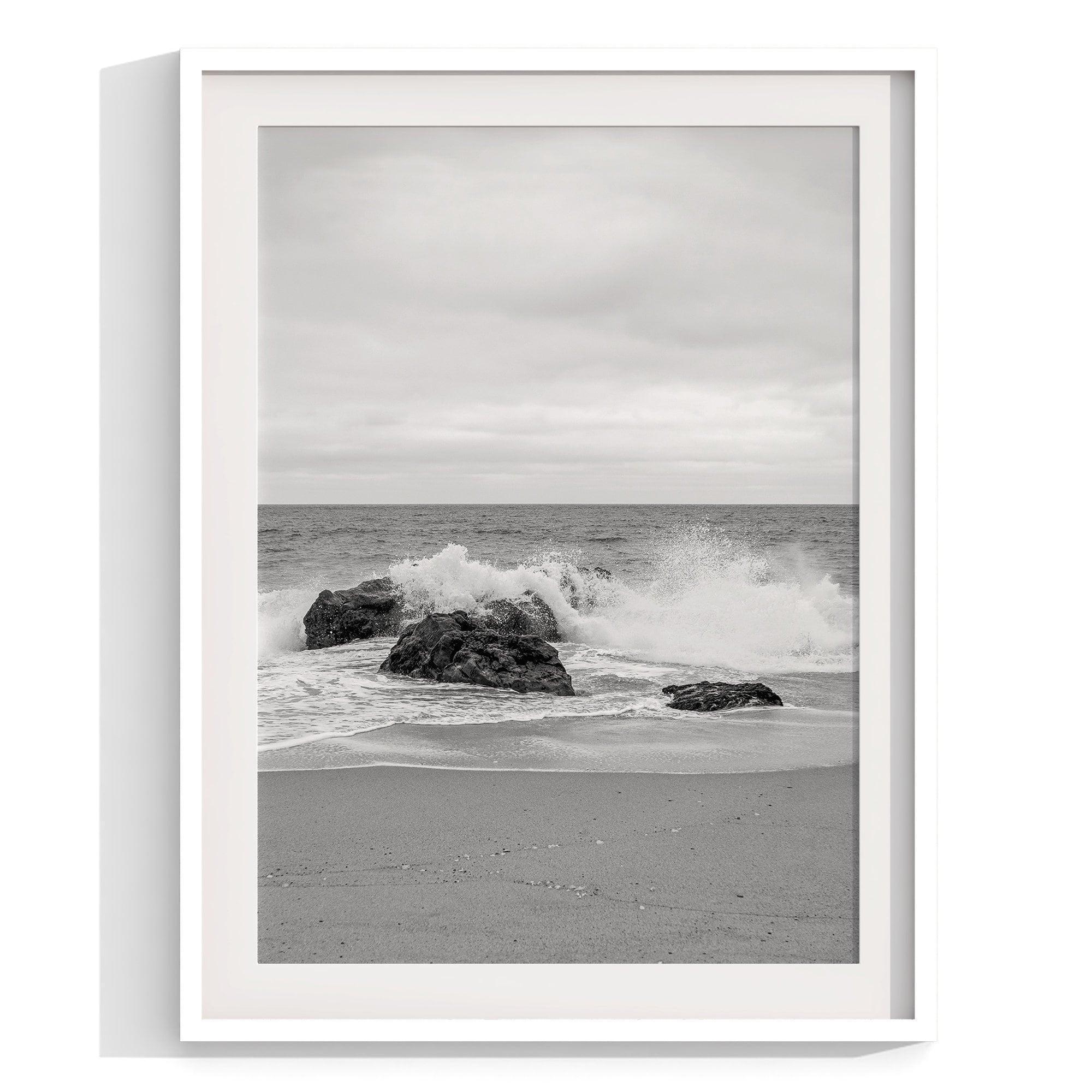 A set of 3 black and white framed or unframed ocean prints from different locations along Route 1 on the California Coast 1st print - Mendocino Glass Beach 2nd print - Carmel by the Sea 3rd print - Morro Bay Rock reflection