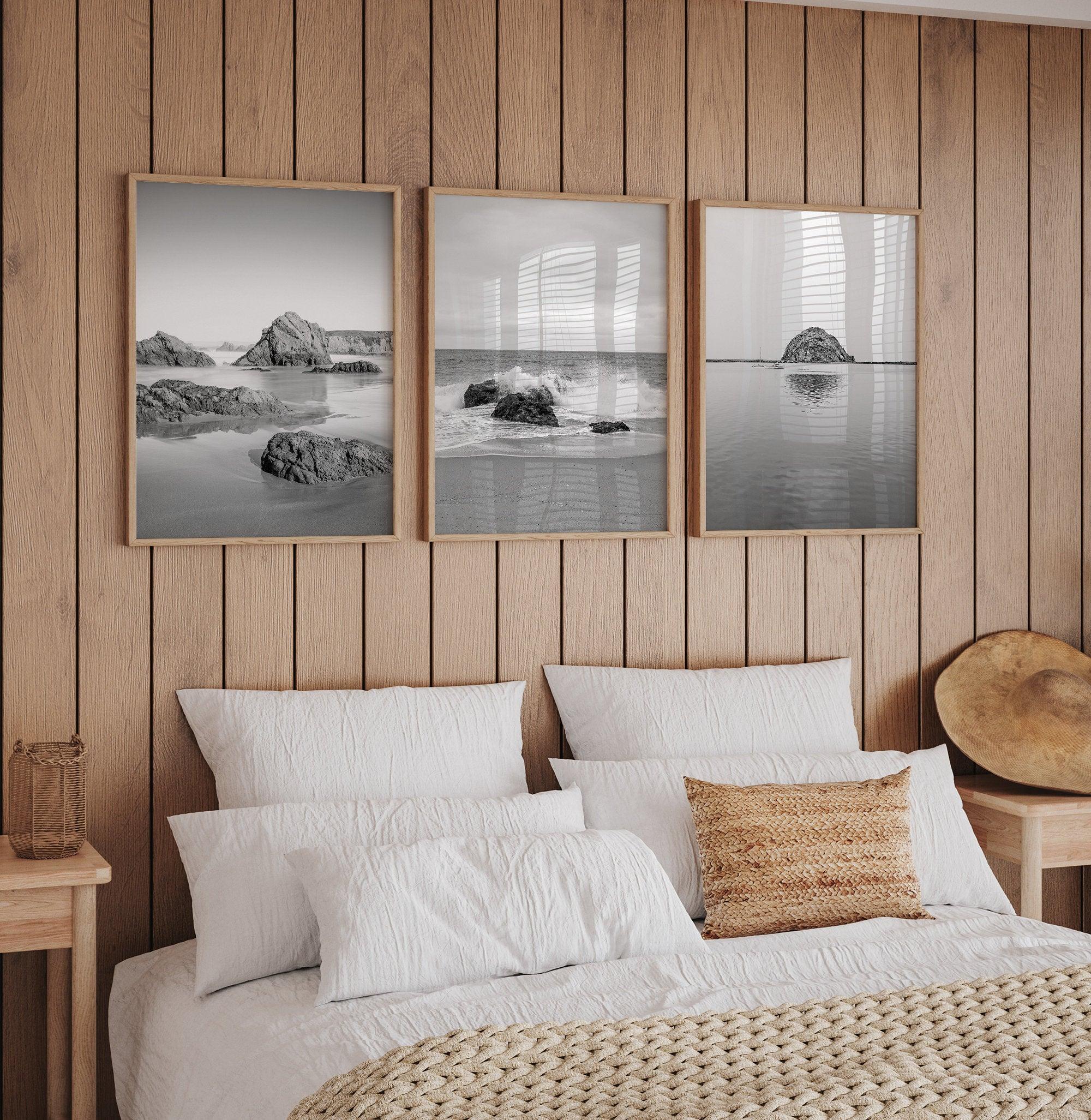 A set of 3 black and white framed or unframed ocean prints from different locations along Route 1 on the California Coast 1st print - Mendocino Glass Beach 2nd print - Carmel by the Sea 3rd print - Morro Bay Rock reflection