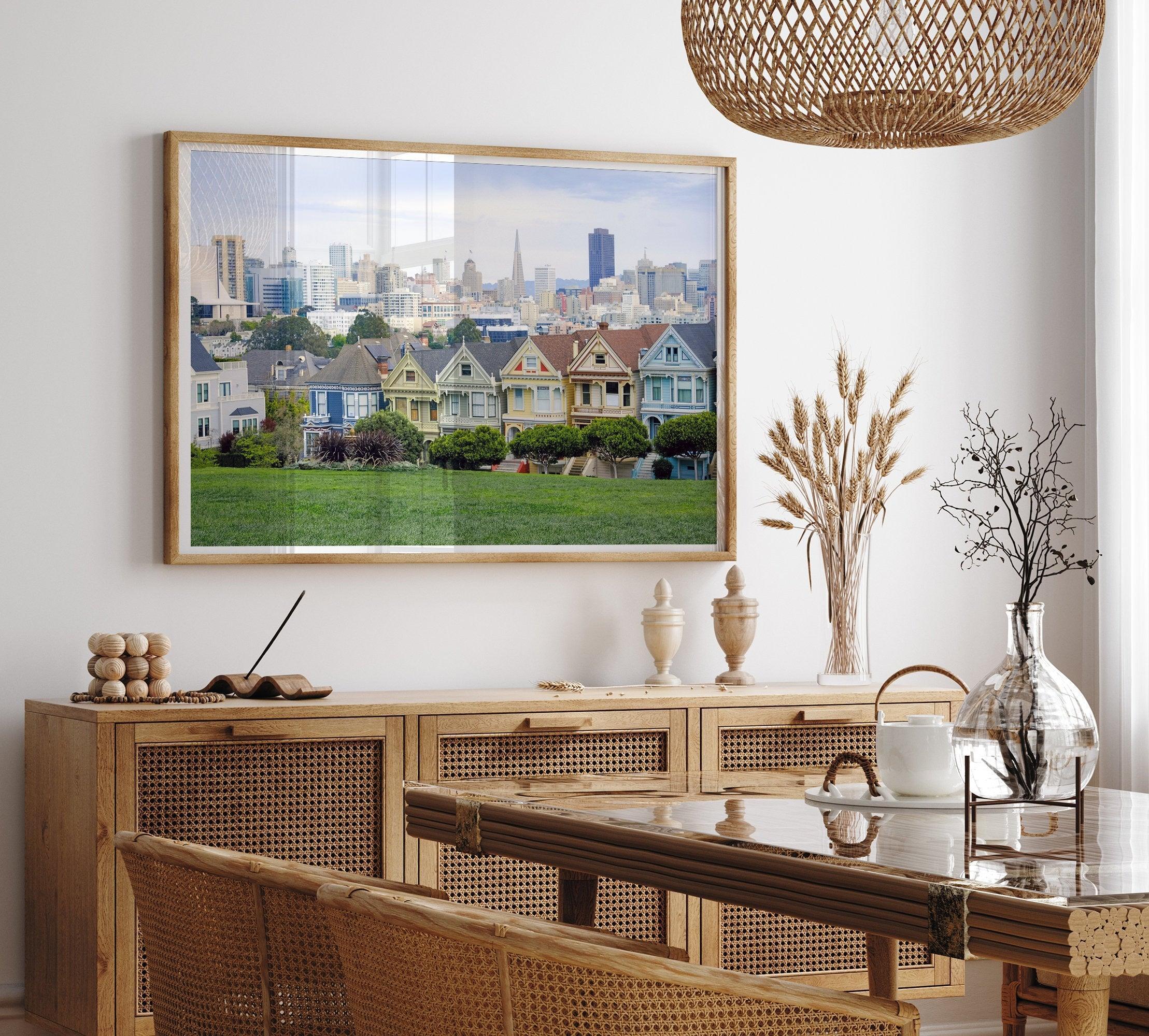 A fine art framed print of the famous colorful painted Ladies Victorian houses in Alamo Square, San Francisco.