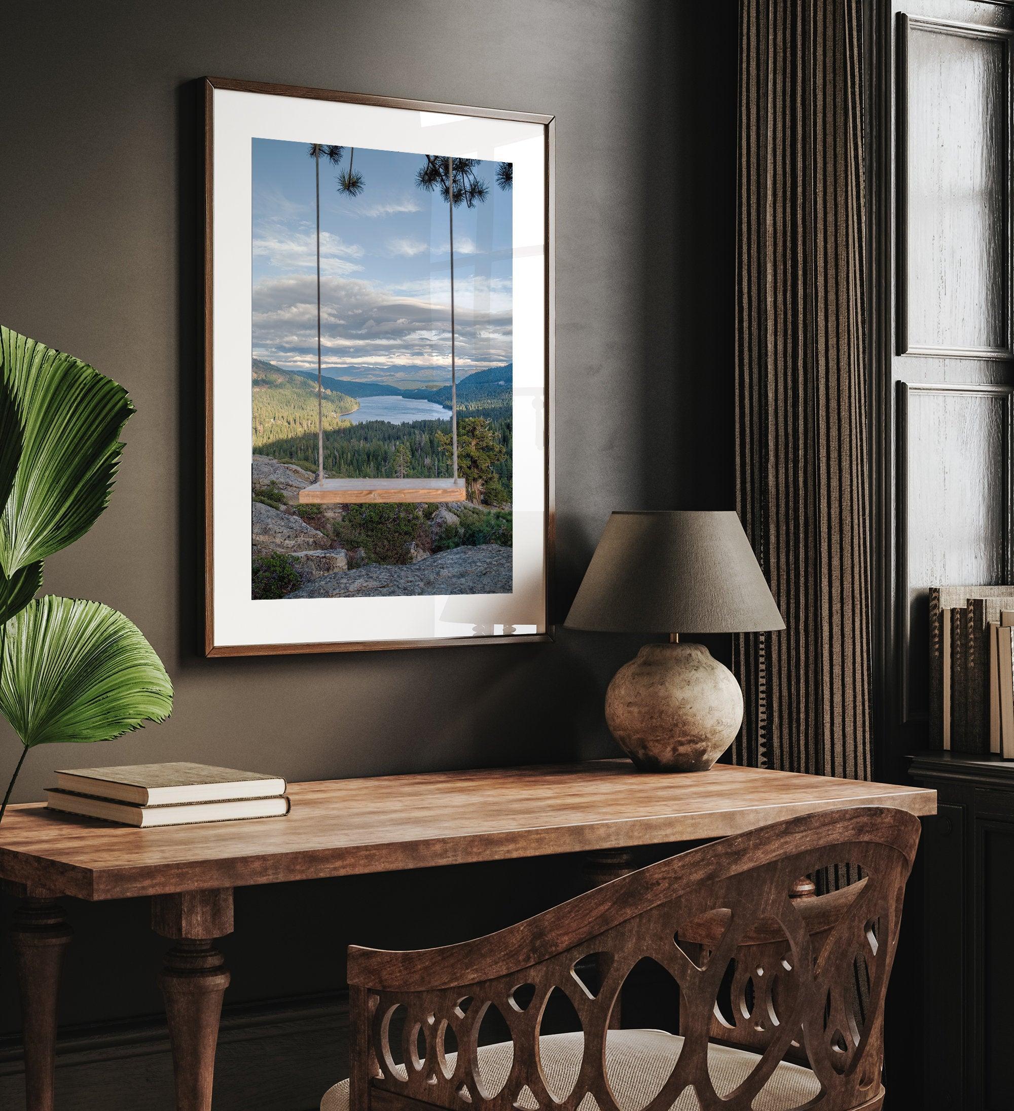 A fine art-inspiring photo print showcasing a swing on a tree with the backdrop of Donner Lake and the Pacific Northwest mountains.