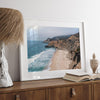 An unframed or framed fine art photography beach print of the stunning rough coastal Gray Whale Cove beach in northern California. This ocean surf wall art showcases the beautiful waves and sand and the rough coastal cliffs.