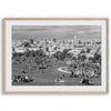 Black and white fine art print of Mission Dolores Park in San Francisco showcasing picnic blankets and people enjoying a quiet afternoon with the city skyline in the backdrop.