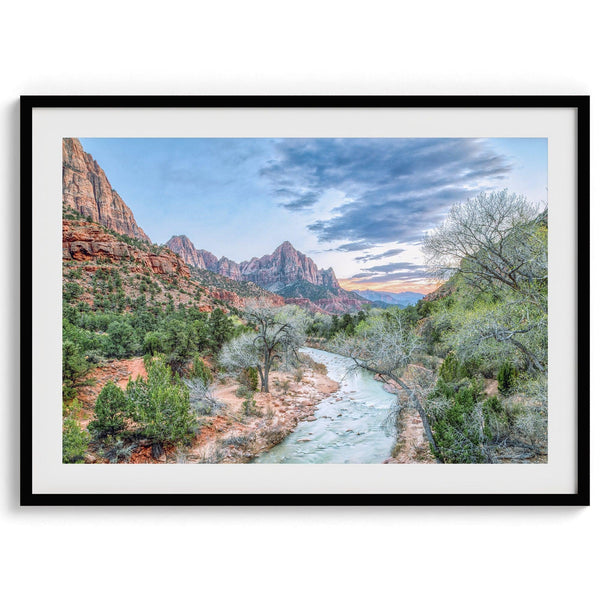 A framed fine art landscape photography print of Zion National Park showing a beautiful river, trees, and desert landscape with the backdrop of Zion mountain range. This Utah wall art is perfect for nature photography and desert art enthusiasts.