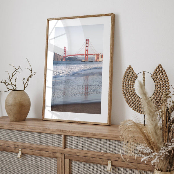 San Francisco Golden Gate Bridge Fine Art Photography Print With Beach Reflection, Framed or Unframed Beach Wall Art Poster for Home Decor