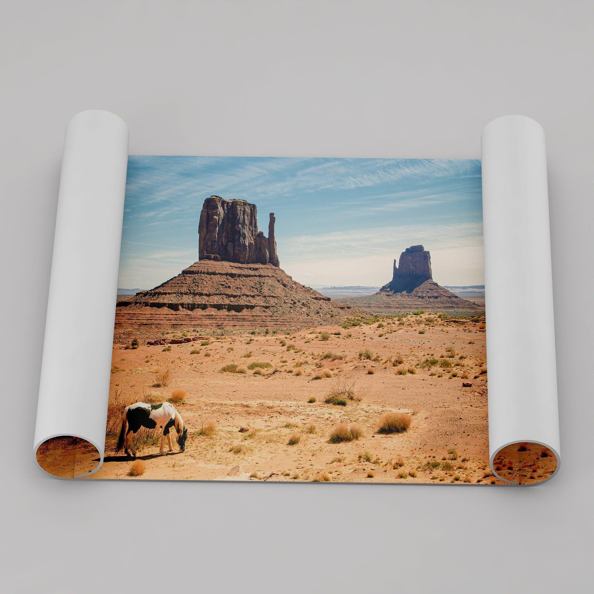 A framed or unframed fine art photography desert print of a horse in Monument Valley, Utah. This wall art features unique rock formations native to the Monument Valley area. This horse wall art comes in different sizes, including extra large.