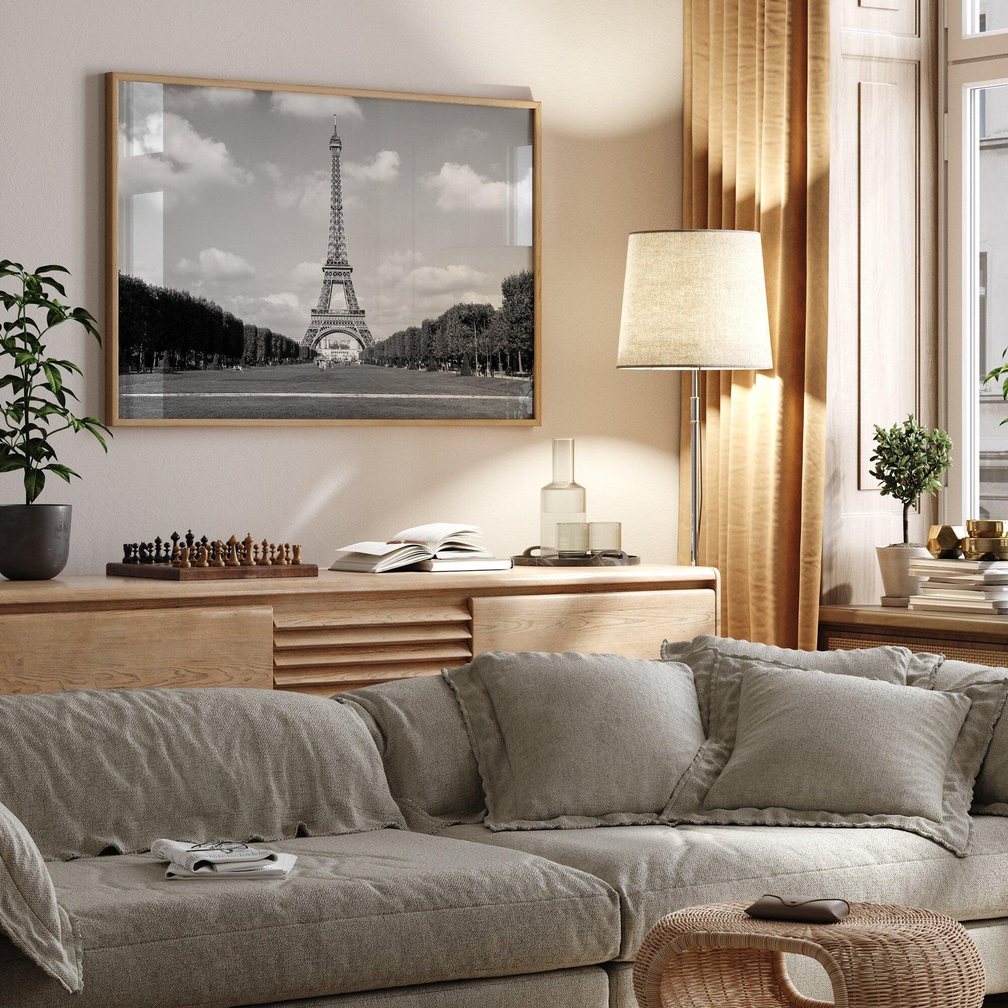 A fine art symmetric Eiffel Tower Wall Art. This Parisian print showcases the tower itself and the Eiffel Tower gardens in Paris.