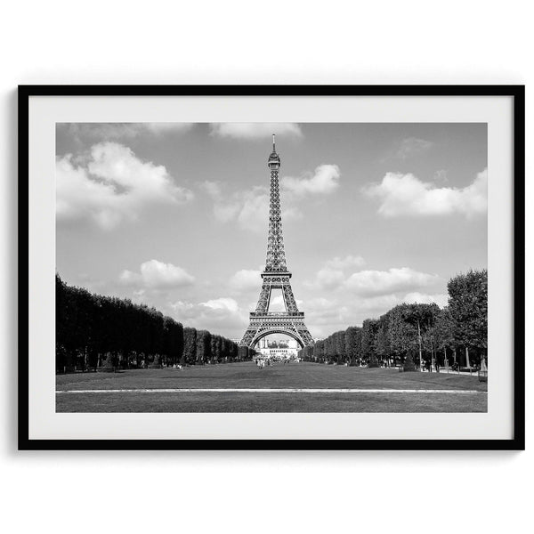 A fine art symmetric Eiffel Tower Wall Art. This Parisian print showcases the tower itself and the Eiffel Tower gardens in Paris.