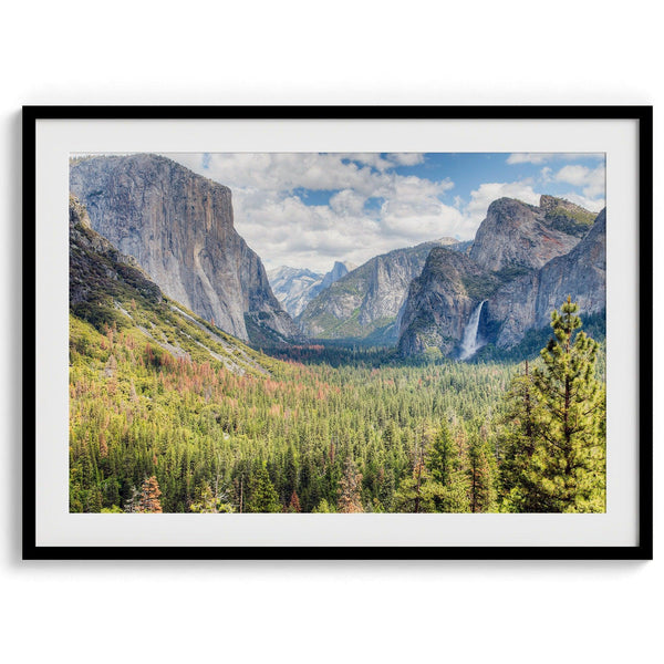 A framed or unframed landscape photography print of Yosemite National Park. This fine art Yosemite National Park poster showcases the lush forest, gushing waterfall, and towering cliffs of Yosemite. HDR photography Wall Art is Perfect for home decor