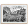 A breathtaking fine art black and white print of Yosemite valley during spring when the waterfalls are in full power.
