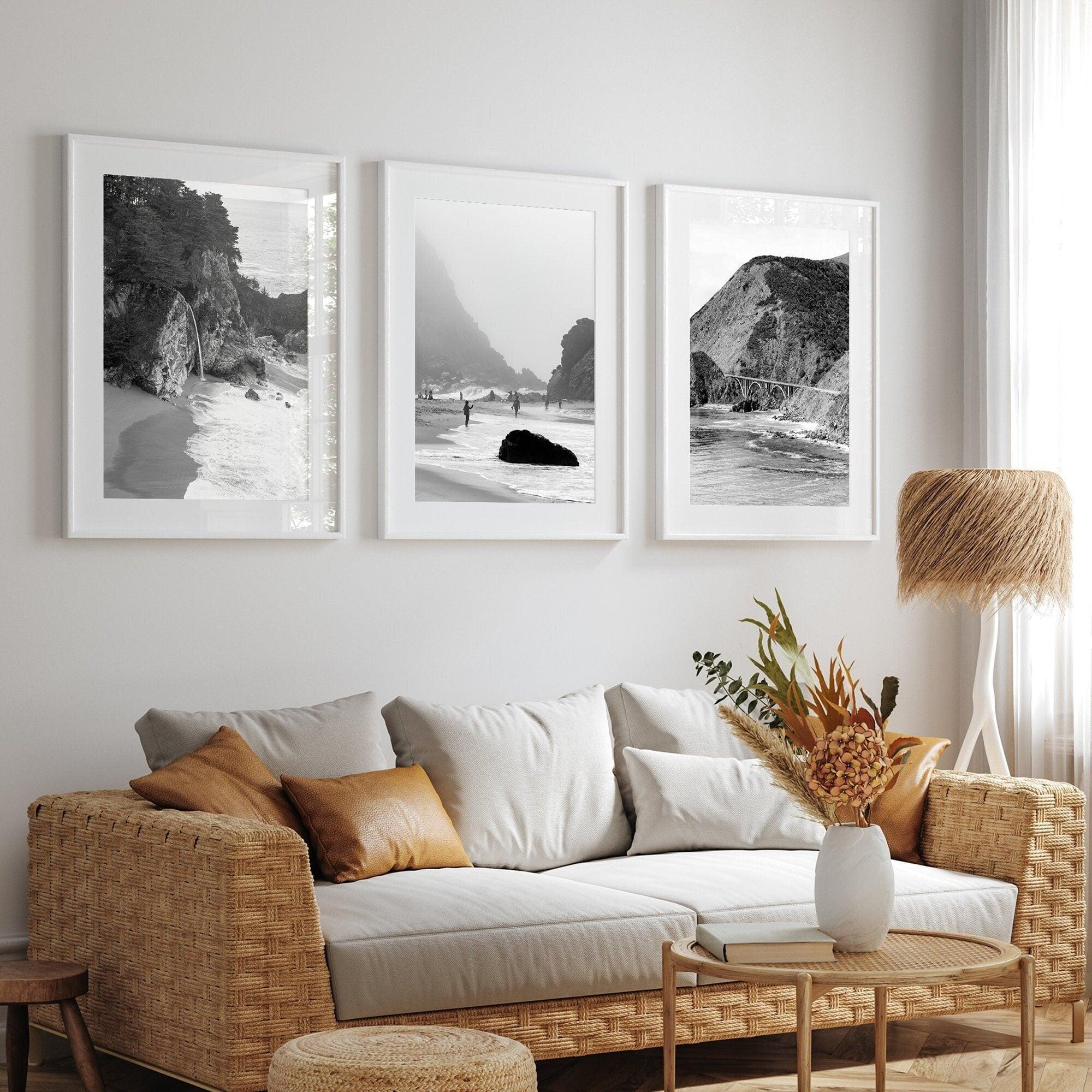 Set of 3 Black and White Prints, Big Sur Coastal Wall Art Set - California Ocean Large Wall Art, Big Sur Framed Nature Photography Decor