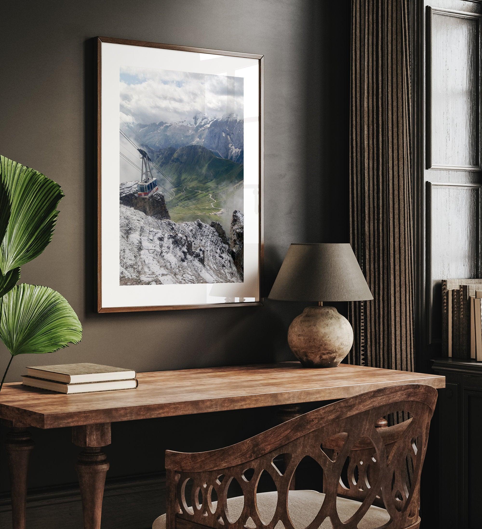 Step into the breathtaking view from the top of Pordoi Pass in the Dolomites Mountains with this fine art Northern Italy photography print. This mountain wall art showcases the green valley and snow-covered mountains.