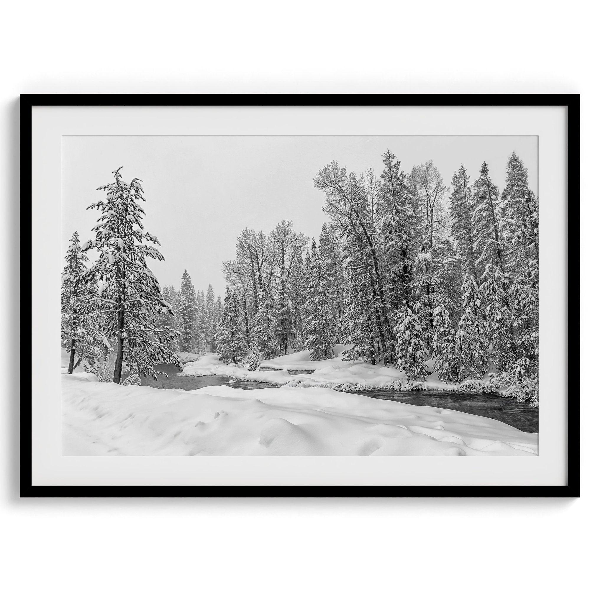 A fine art framed on unframed snowy forest print of forest and river all covered in snow. Taken near Lake Tahoe, California.