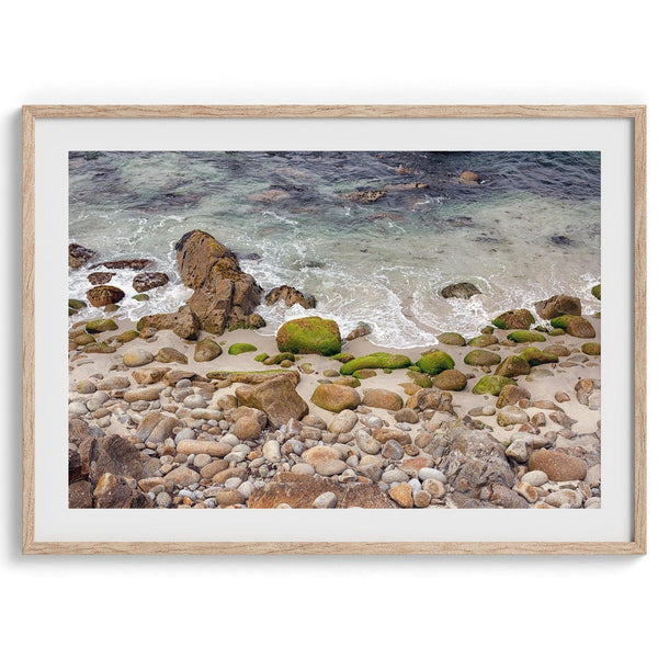 A framed aerial print of a beautiful beach in Pacific Grove, California, near Monterey. This breathtaking fine art aerial photography print captures the awe-inspiring beauty of the California coast.