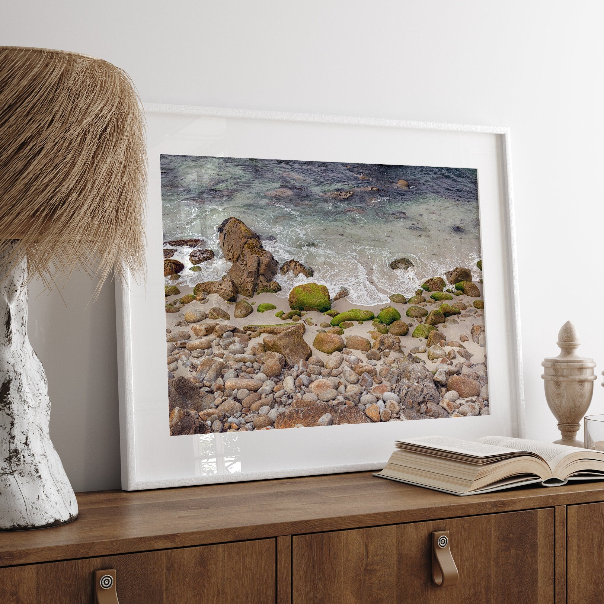 A framed aerial print of a beautiful beach in Pacific Grove, California, near Monterey. This breathtaking fine art aerial photography print captures the awe-inspiring beauty of the California coast.