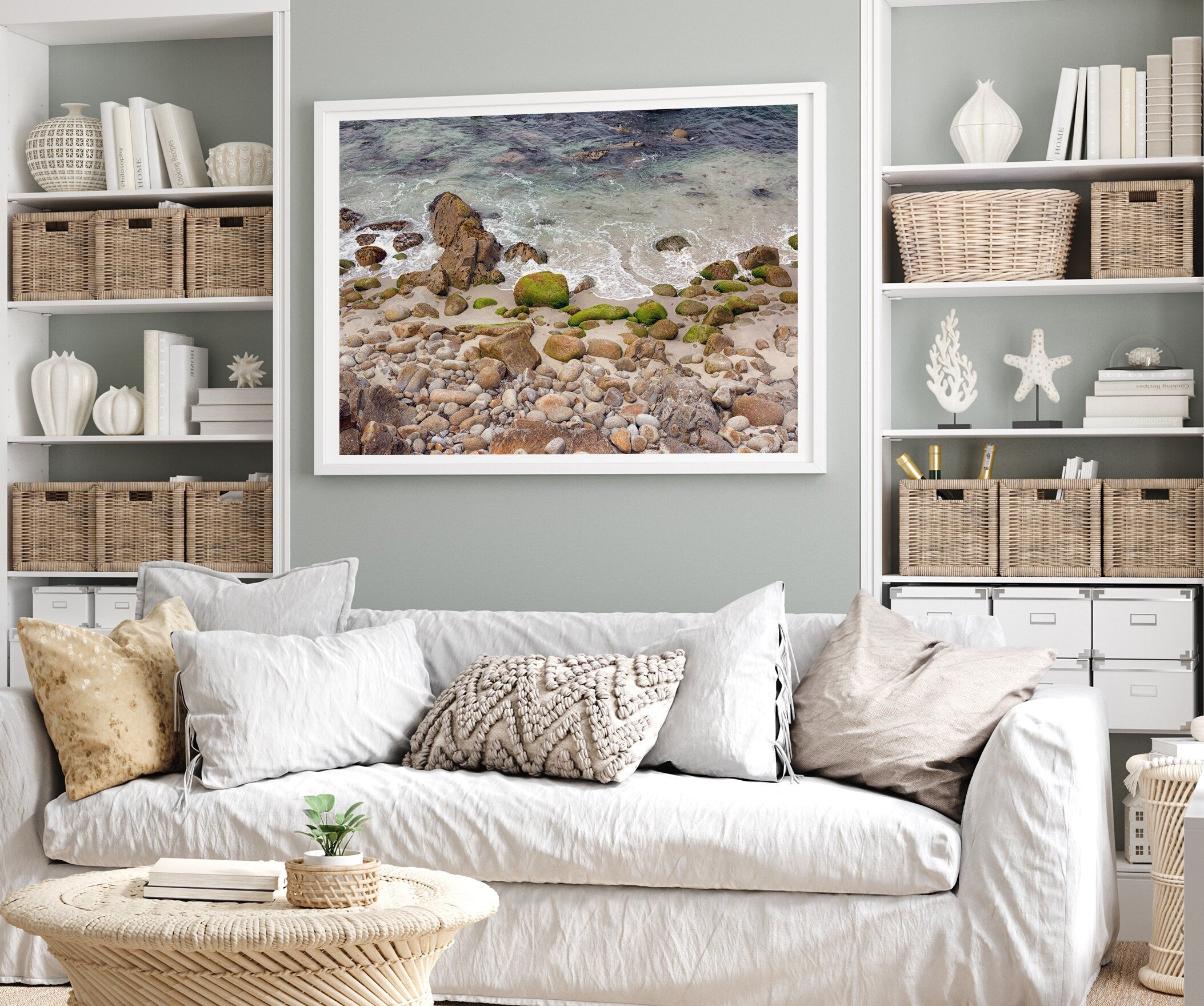 A framed aerial print of a beautiful beach in Pacific Grove, California, near Monterey. This breathtaking fine art aerial photography print captures the awe-inspiring beauty of the California coast.