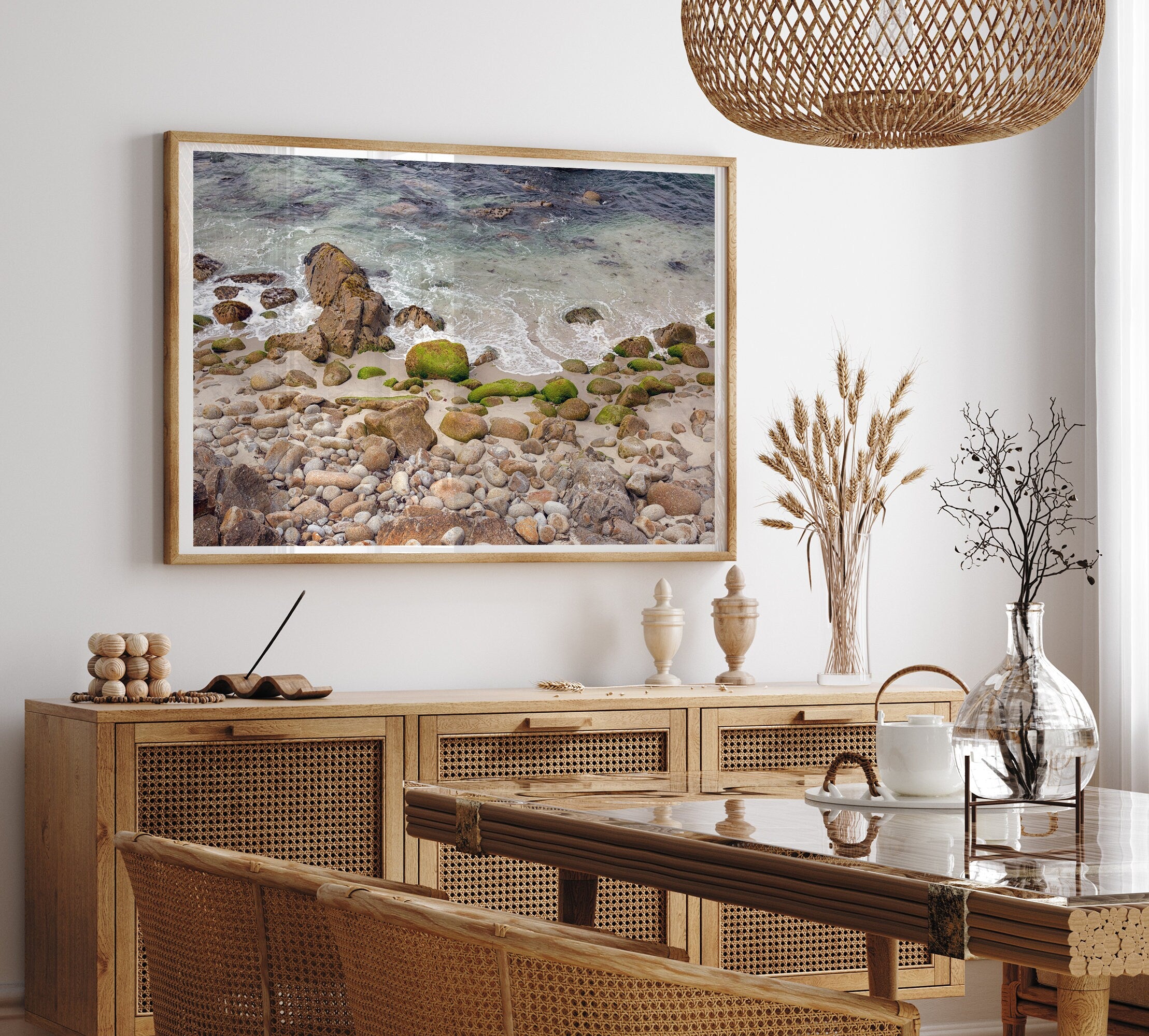 A framed aerial print of a beautiful beach in Pacific Grove, California, near Monterey. This breathtaking fine art aerial photography print captures the awe-inspiring beauty of the California coast.