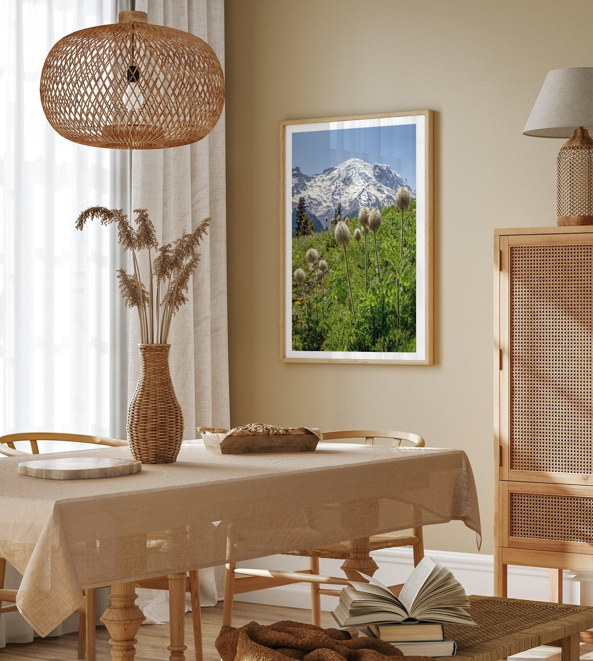 A fine art framed or unframed mountain print of Mount Rainier National Park. This portrait orientation nature landscape wall art showcases the beautiful snow-covered mountain with stunning flowers in the forefront.