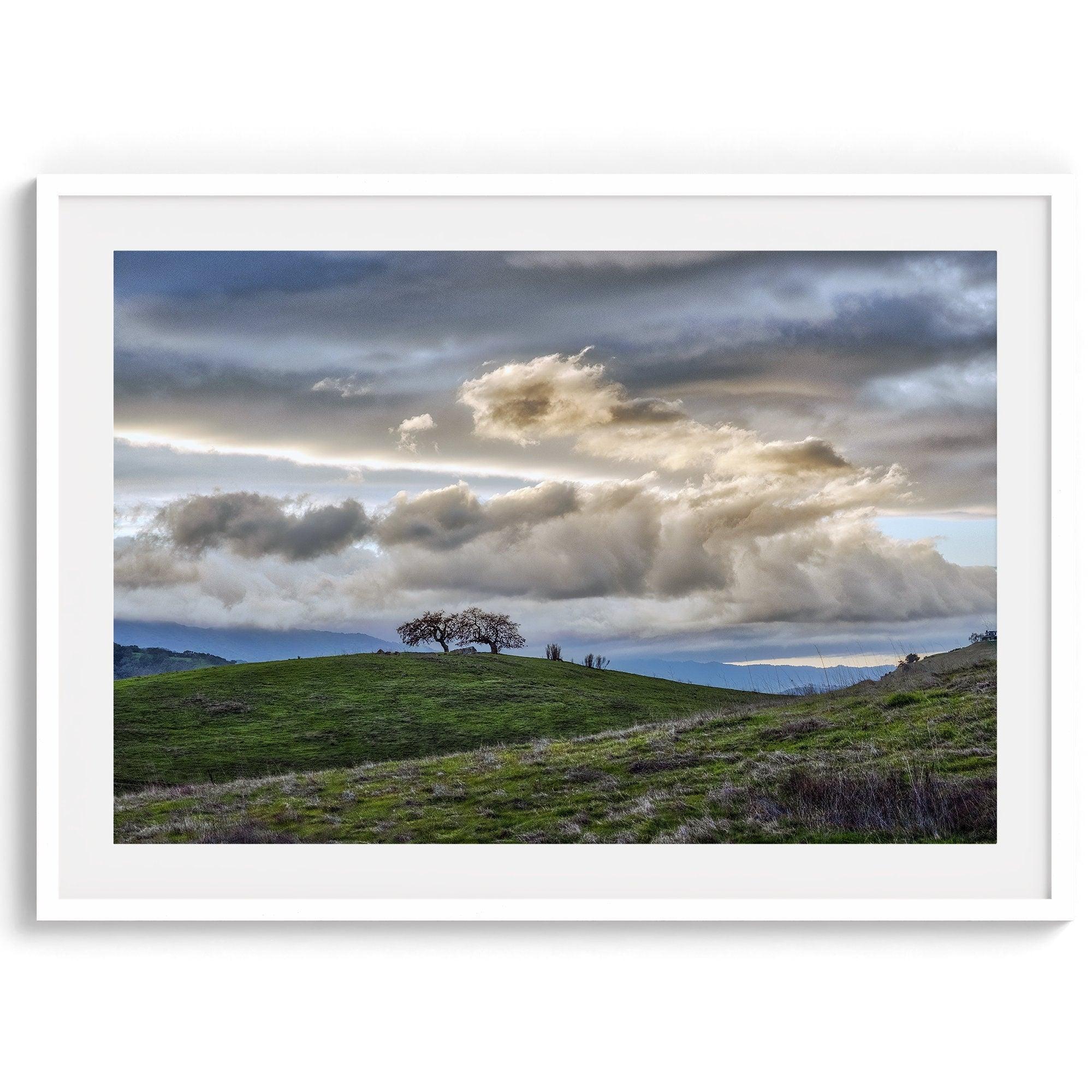 A fine art California moody landscape photography print showing a lone tree standing atop a hill against a dramatic cloudy sky in this scenic landscape wall art.