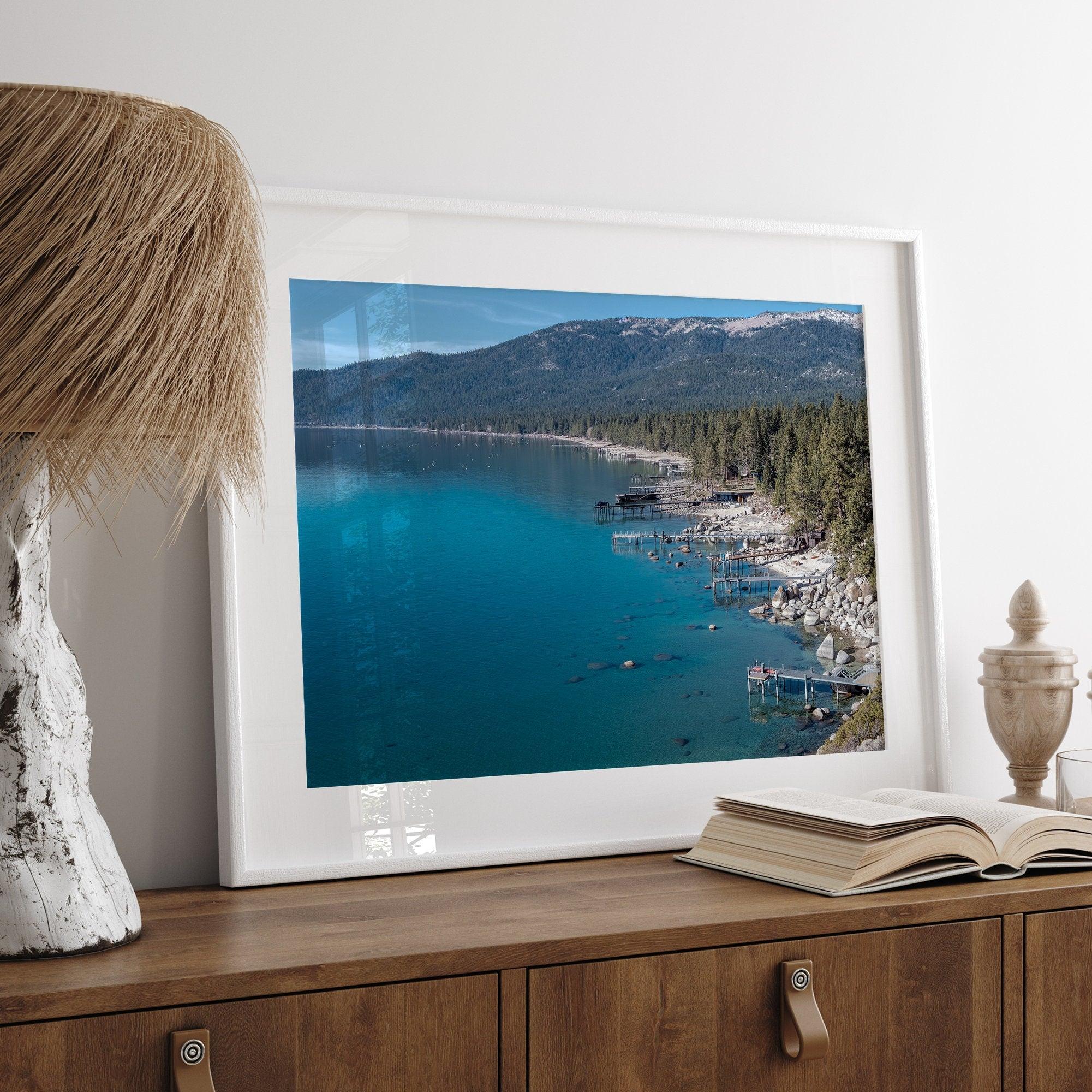 Captivating fine art print of Lake Tahoe showcasing docks, boats, beachfront, lush forest, majestic mountain, and serene waters, capturing the essence of lake life in Incline Village, Nevada.