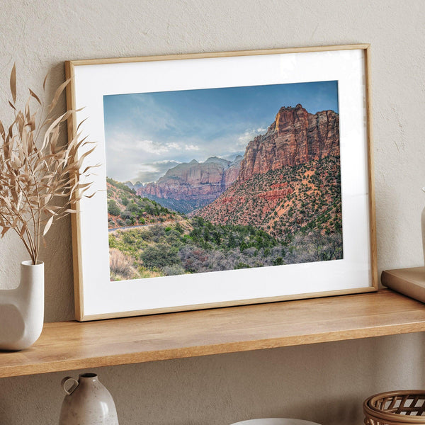 Zion National Park Towering Mountain Photography Print, Framed or Unframed Utah Wall Art, Southwest Zion Nature Fine Art Poster Home Decor