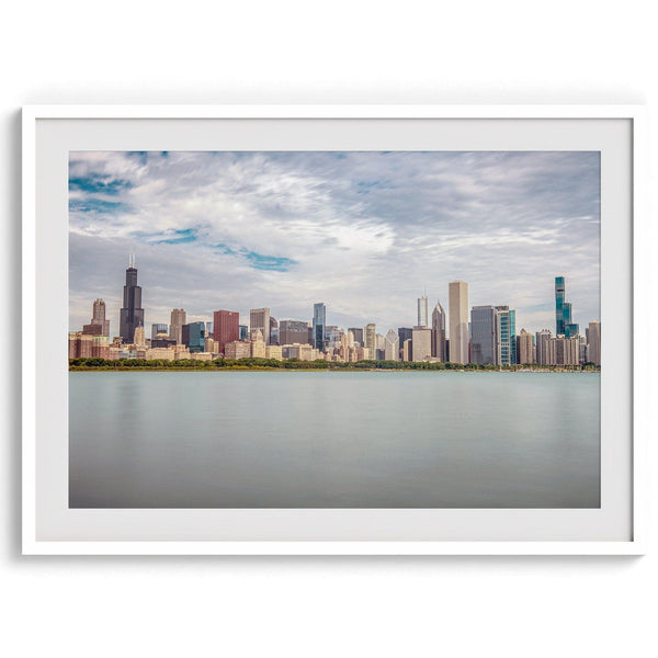 A fine art print of the Chicago skyline with Lake Michigan in the forefront. Perfect for home or office decor.