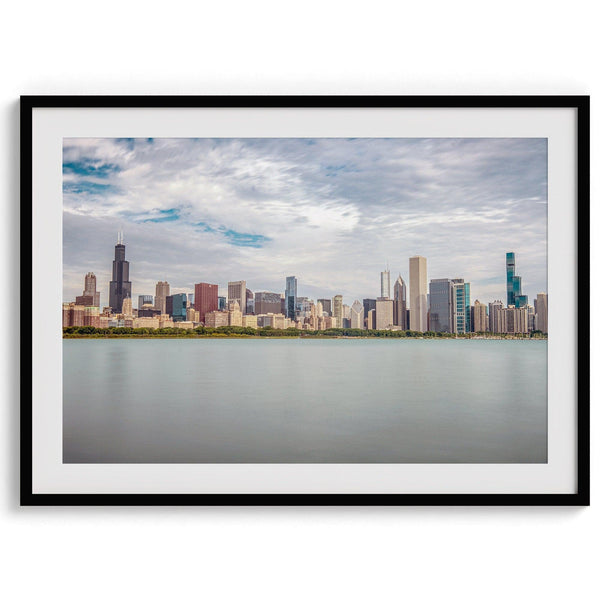 A fine art print of the Chicago skyline with Lake Michigan in the forefront. Perfect for home or office decor.