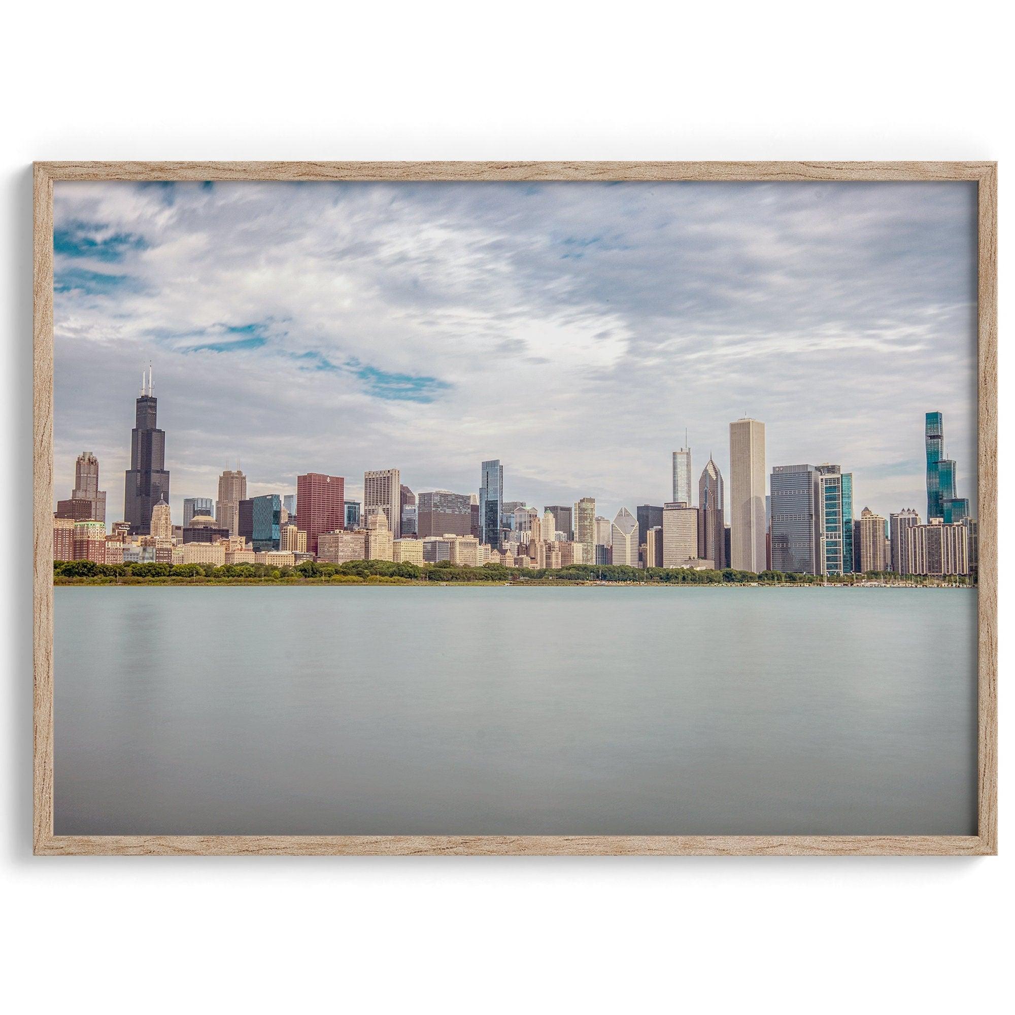 A fine art print of the Chicago skyline with Lake Michigan in the forefront. Perfect for home or office decor.