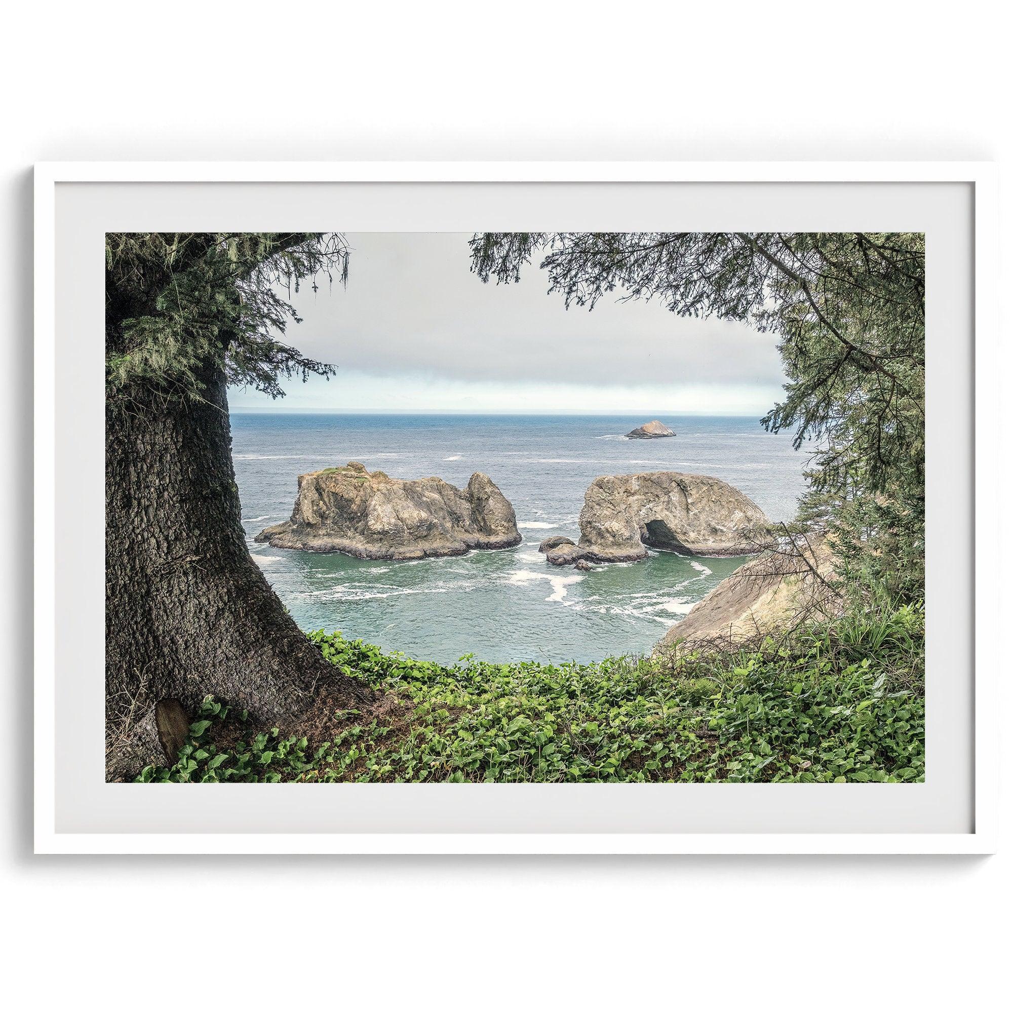 This stunning coastal photo was taken in Samuel H. Boardman State Scenic Corridor in Oregon. This ocean wall art shows unique rock formations in a vast blue Pacific Ocean through a window created from coastal trees and plants.