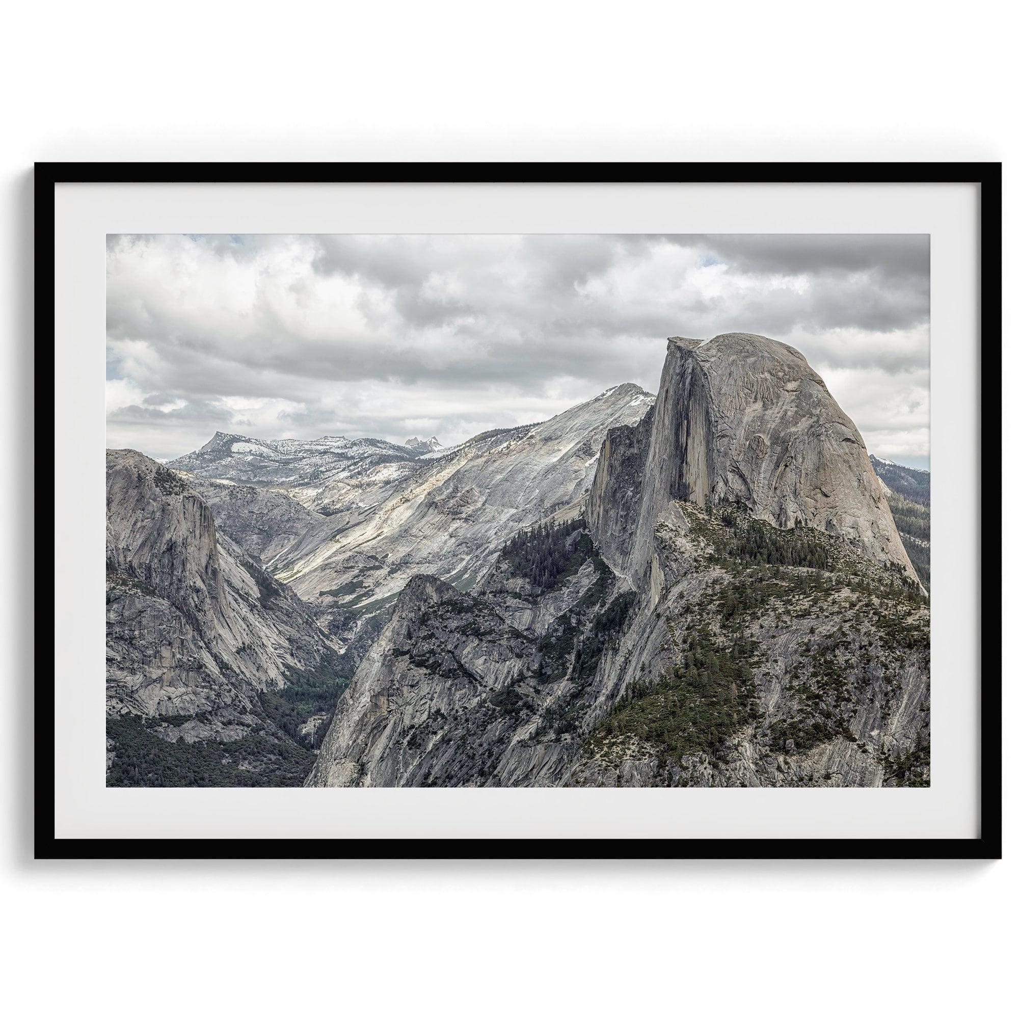 A fine art framed or unframed print showcasing the stunning half-dome mountain in Yosemite national park. The picture was shot an edited as an HDR photograph adding more depth to this beautiful mountain wall art.