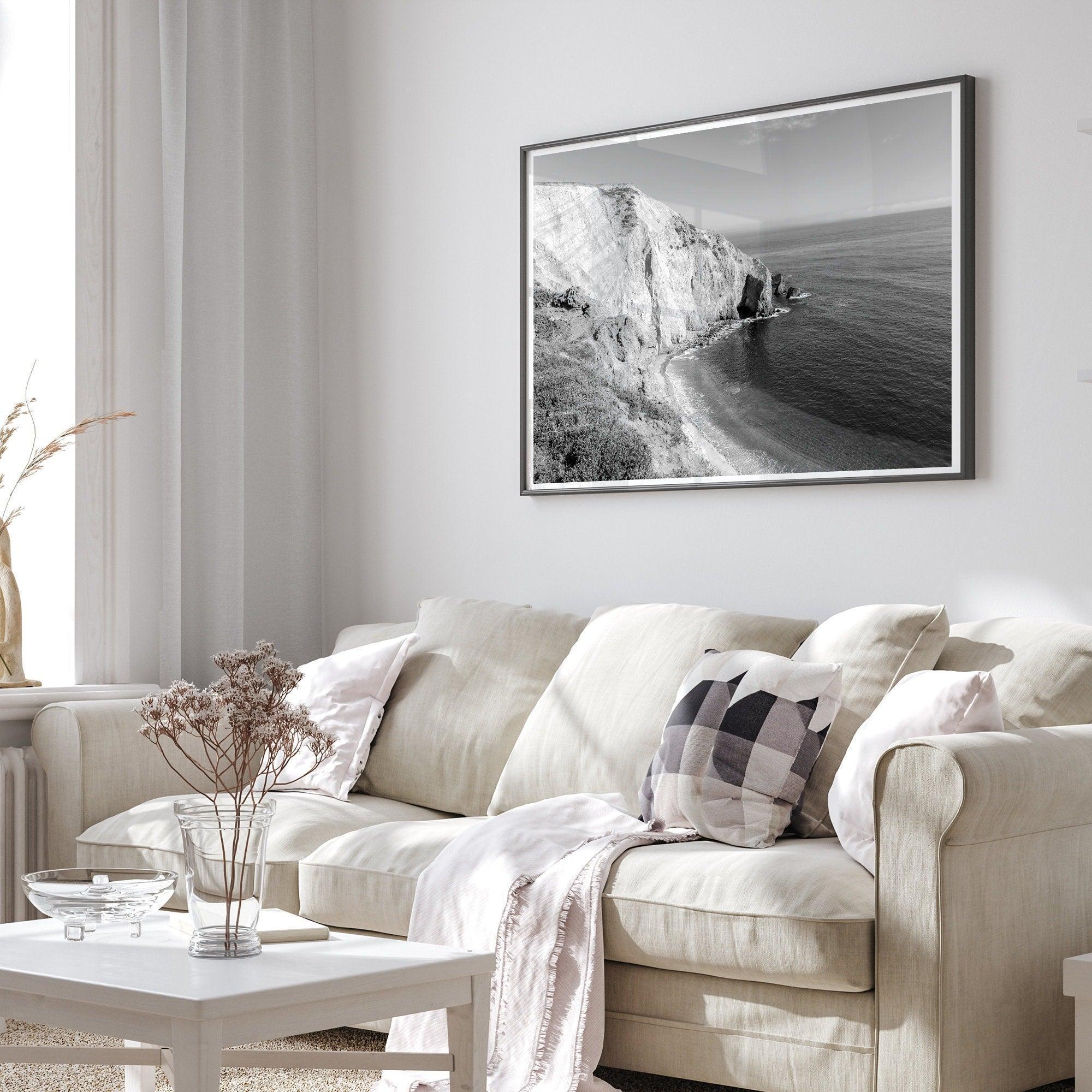 A black and white fine art ocean wall art print of a coastal cliff and beautiful beach in Chimney Rock trail, Point Reyes, California.