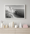 A black and white fine art ocean wall art print of a coastal cliff and beautiful beach in Chimney Rock trail, Point Reyes, California.