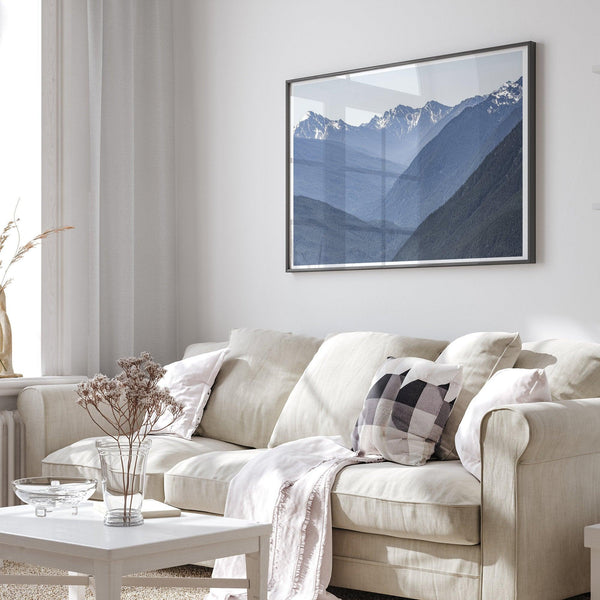 A fine art mountain range print. This mountain wall art showcases the layered misty blue mountains of Olympic National Park in Washington.