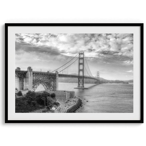 A fine art black and white HDR Photography print of golden gate bridge in San Francisco.