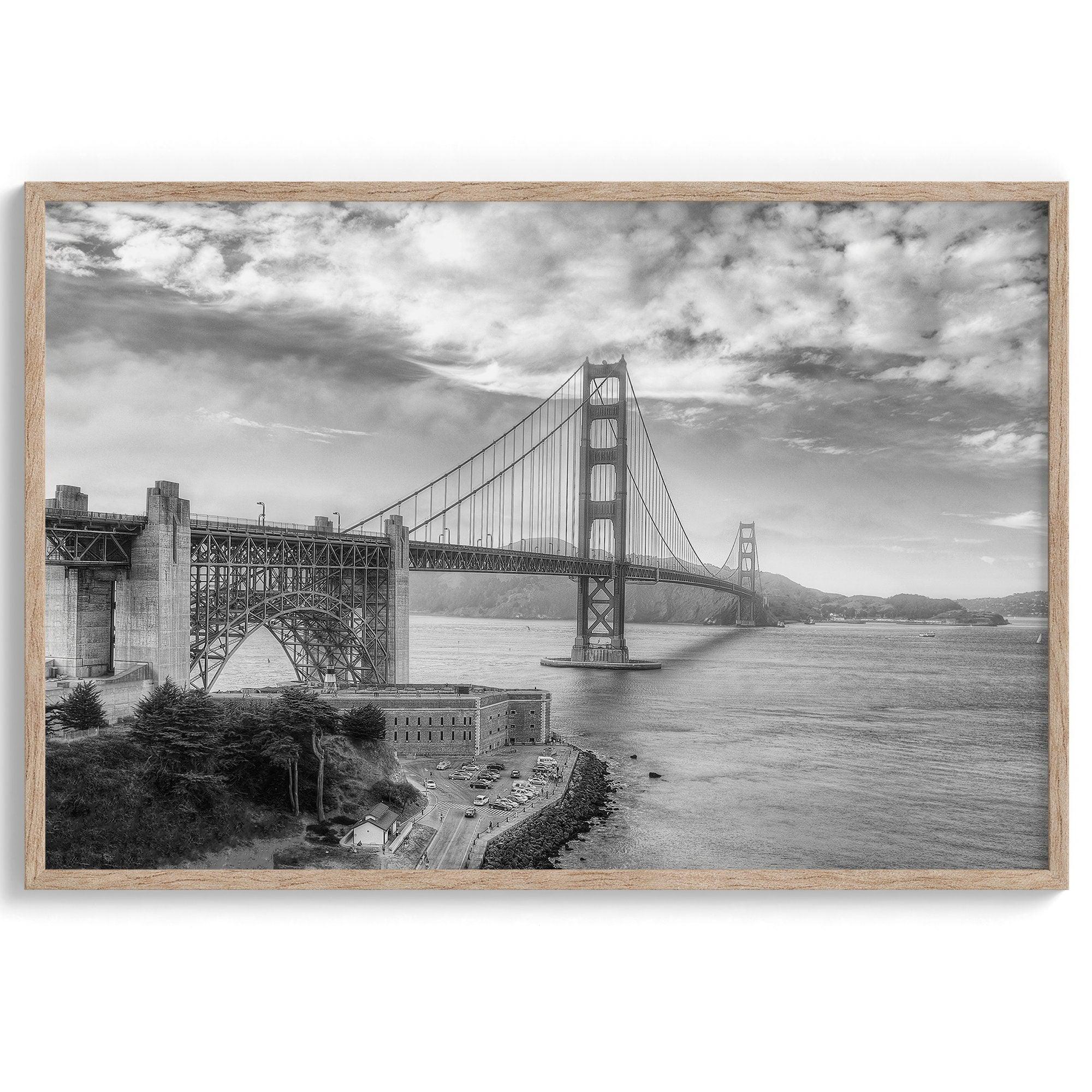 A fine art black and white HDR Photography print of golden gate bridge in San Francisco.