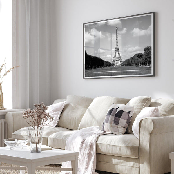 A fine art symmetric Eiffel Tower Wall Art. This Parisian print showcases the tower itself and the Eiffel Tower gardens in Paris.
