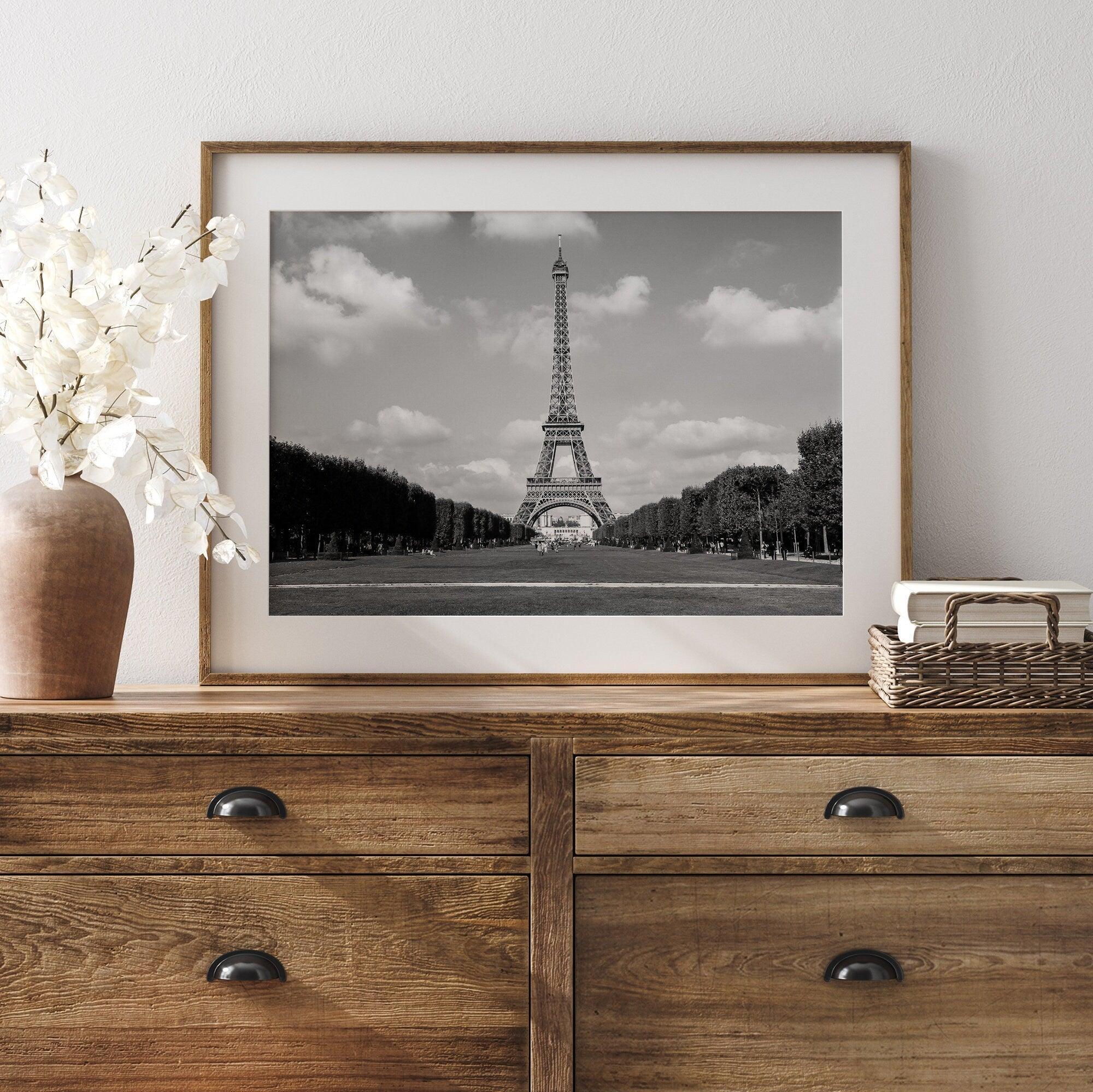 A fine art symmetric Eiffel Tower Wall Art. This Parisian print showcases the tower itself and the Eiffel Tower gardens in Paris.