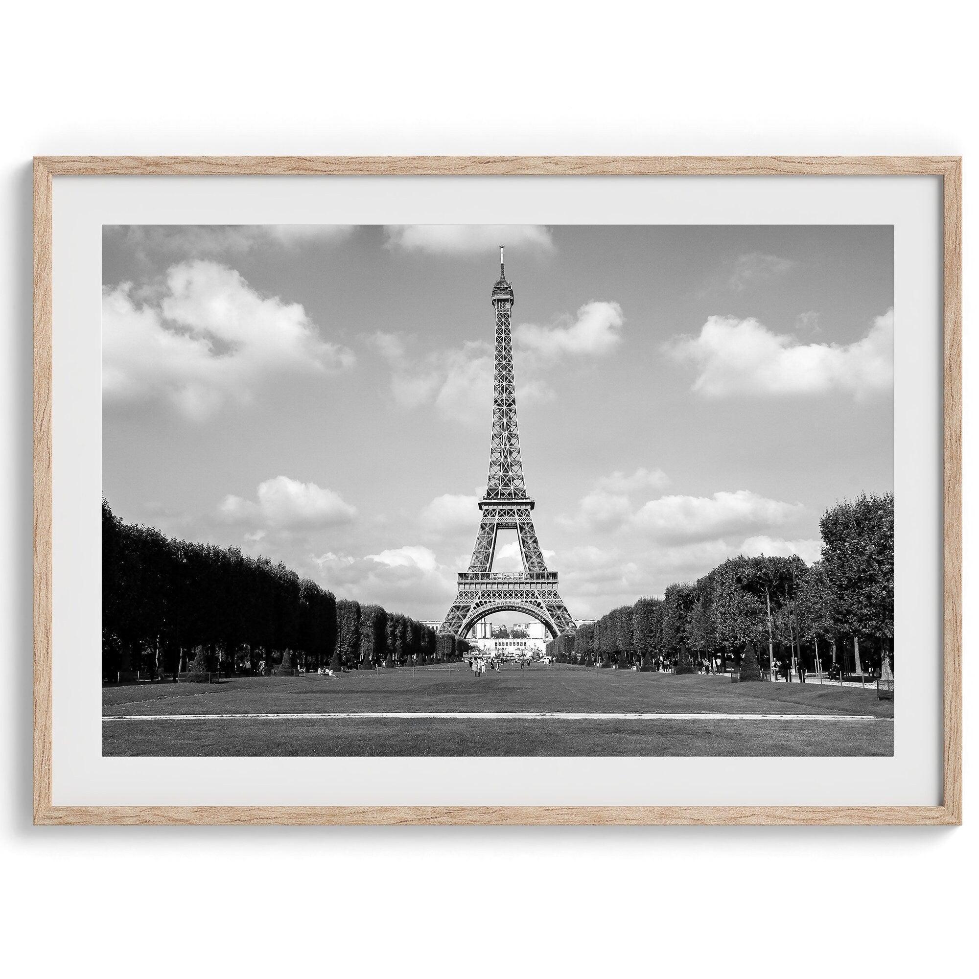 A fine art symmetric Eiffel Tower Wall Art. This Parisian print showcases the tower itself and the Eiffel Tower gardens in Paris.