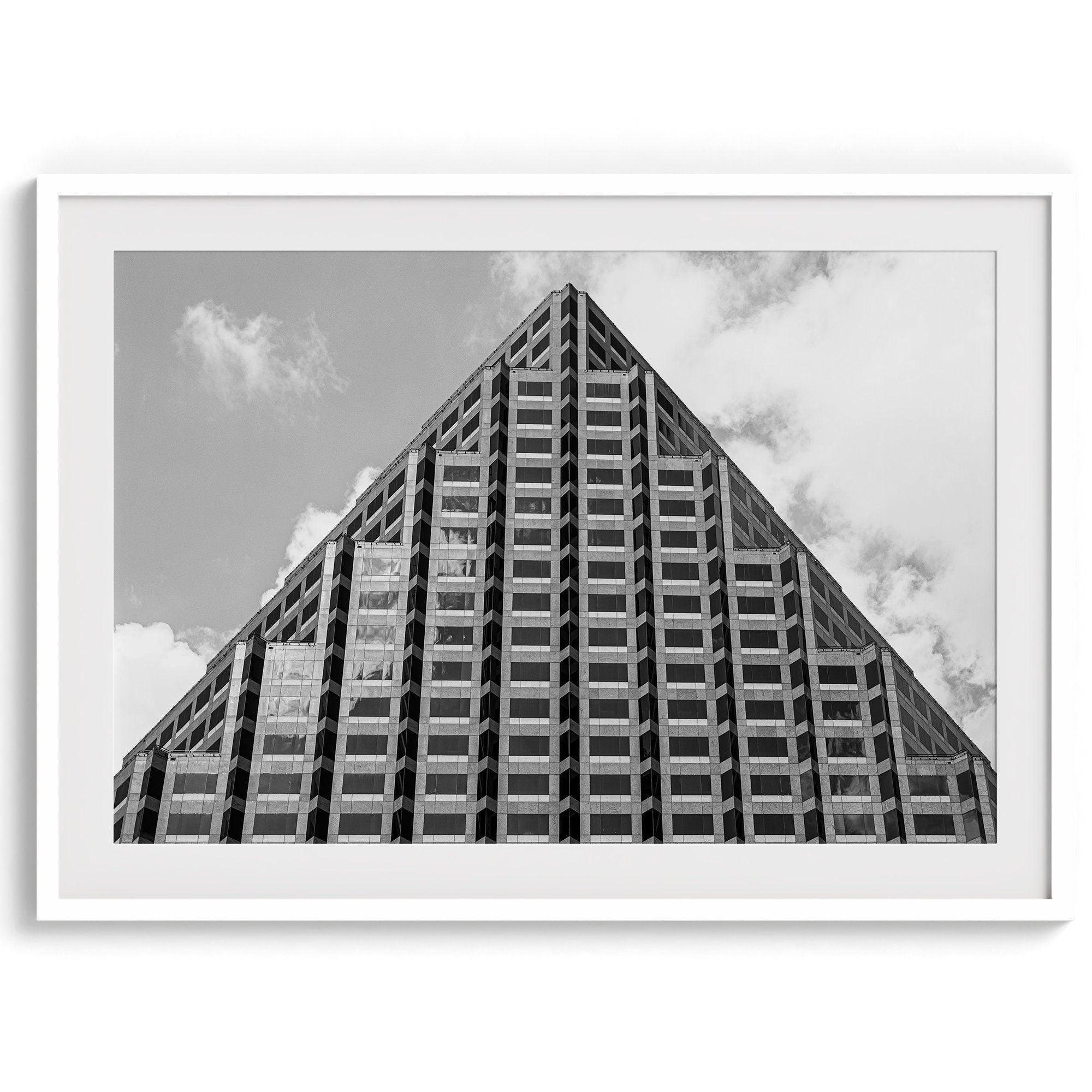 An abstract minimalist fine art black and white Austin Texas photography print that celebrates the unique architectural beauty of the pyramid-shaped pinnacle of the One Congress Plaza building.