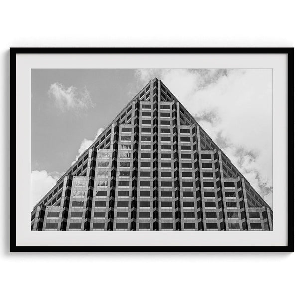 An abstract minimalist fine art black and white Austin Texas photography print that celebrates the unique architectural beauty of the pyramid-shaped pinnacle of the One Congress Plaza building.