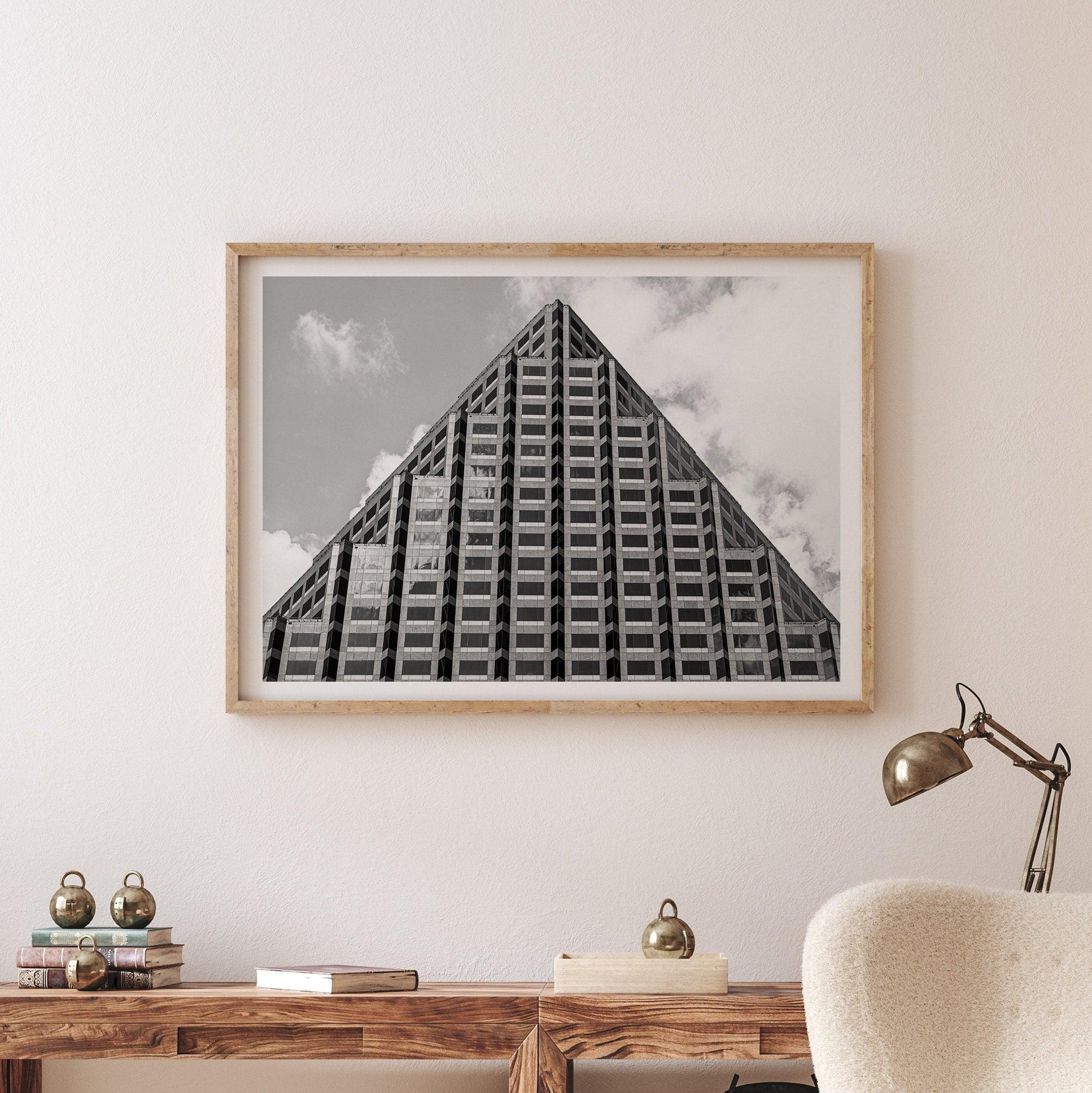 An abstract minimalist fine art black and white Austin Texas photography print that celebrates the unique architectural beauty of the pyramid-shaped pinnacle of the One Congress Plaza building.