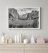 A breathtaking fine art black and white print of Yosemite valley during spring when the waterfalls are in full power.