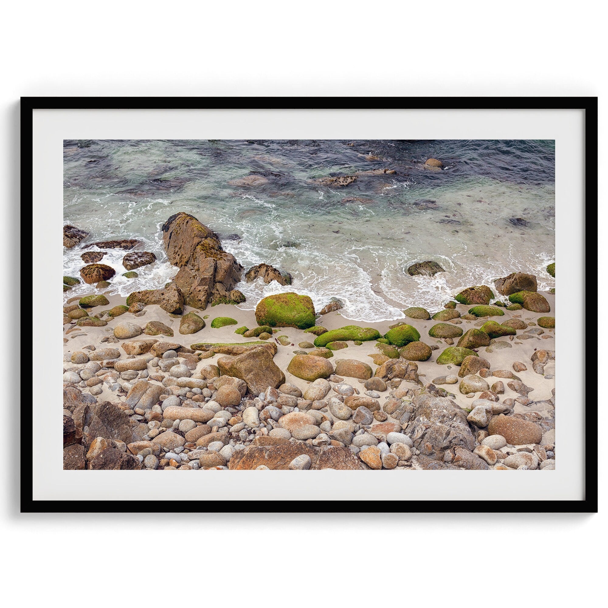 A framed aerial print of a beautiful beach in Pacific Grove, California, near Monterey. This breathtaking fine art aerial photography print captures the awe-inspiring beauty of the California coast.