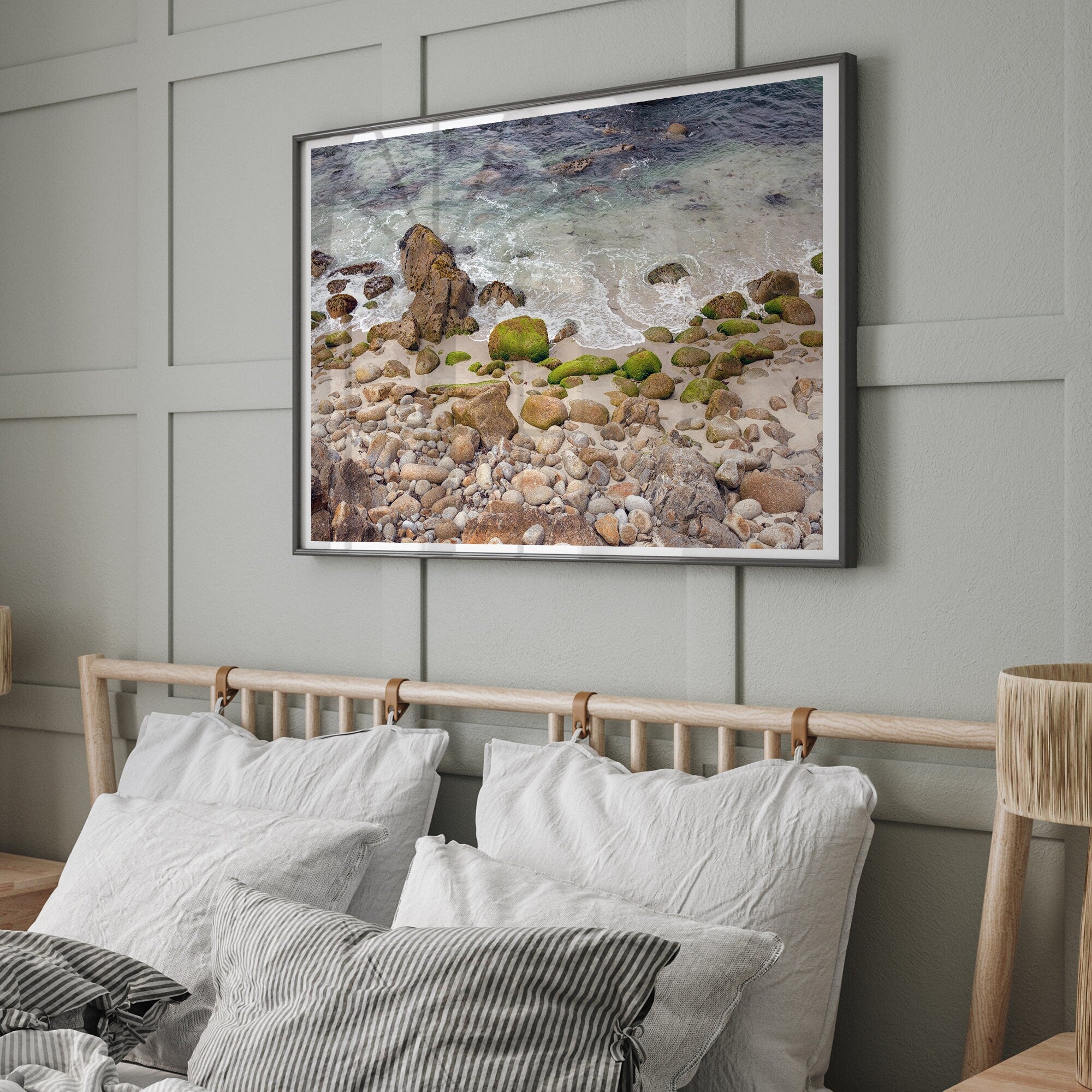 A framed aerial print of a beautiful beach in Pacific Grove, California, near Monterey. This breathtaking fine art aerial photography print captures the awe-inspiring beauty of the California coast.