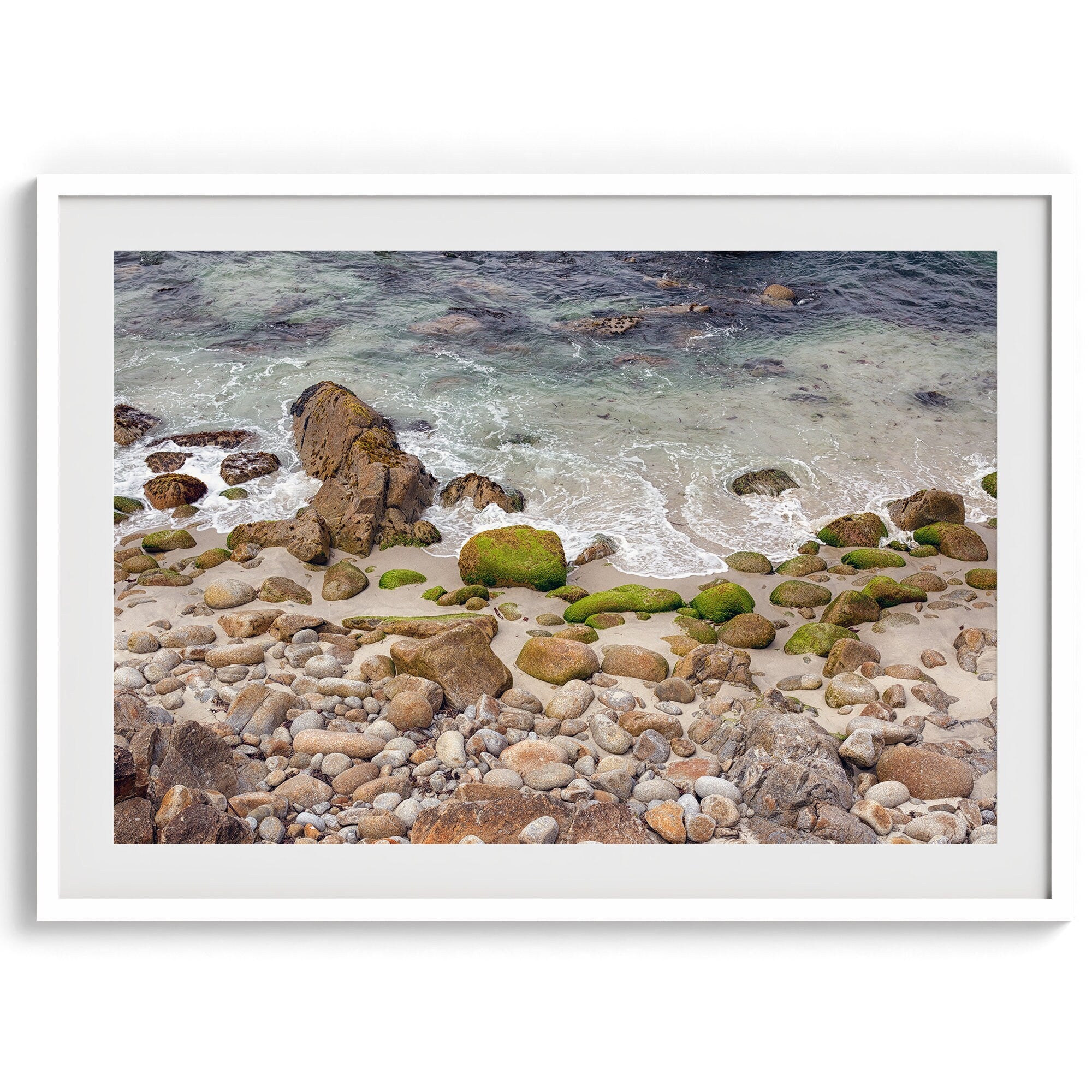 A framed aerial print of a beautiful beach in Pacific Grove, California, near Monterey. This breathtaking fine art aerial photography print captures the awe-inspiring beauty of the California coast.