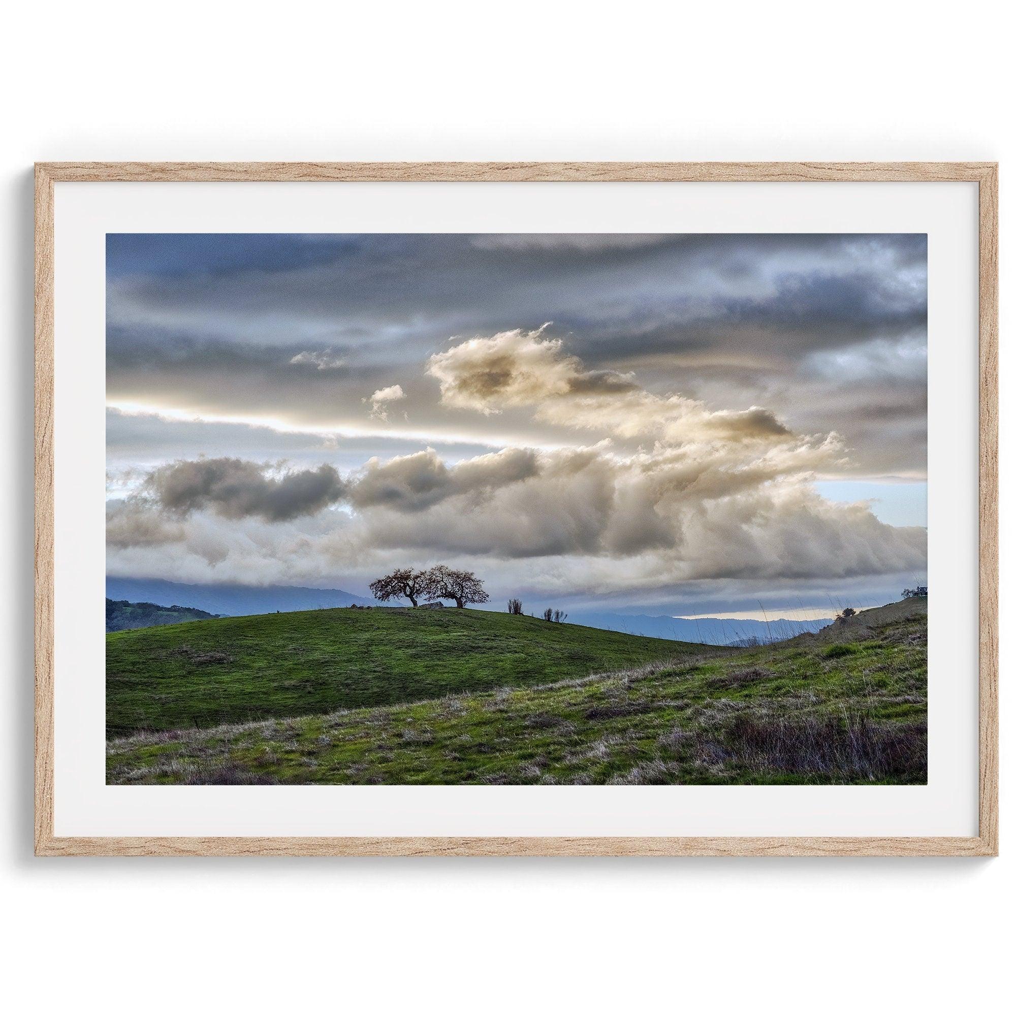 A fine art California moody landscape photography print showing a lone tree standing atop a hill against a dramatic cloudy sky in this scenic landscape wall art.