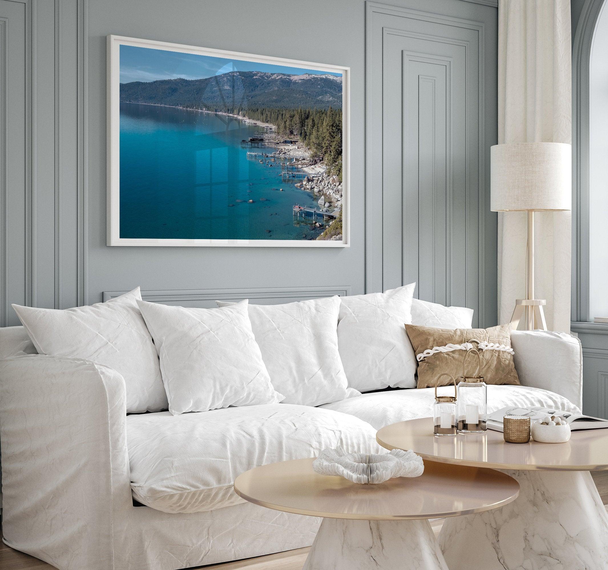 Captivating fine art print of Lake Tahoe showcasing docks, boats, beachfront, lush forest, majestic mountain, and serene waters, capturing the essence of lake life in Incline Village, Nevada.