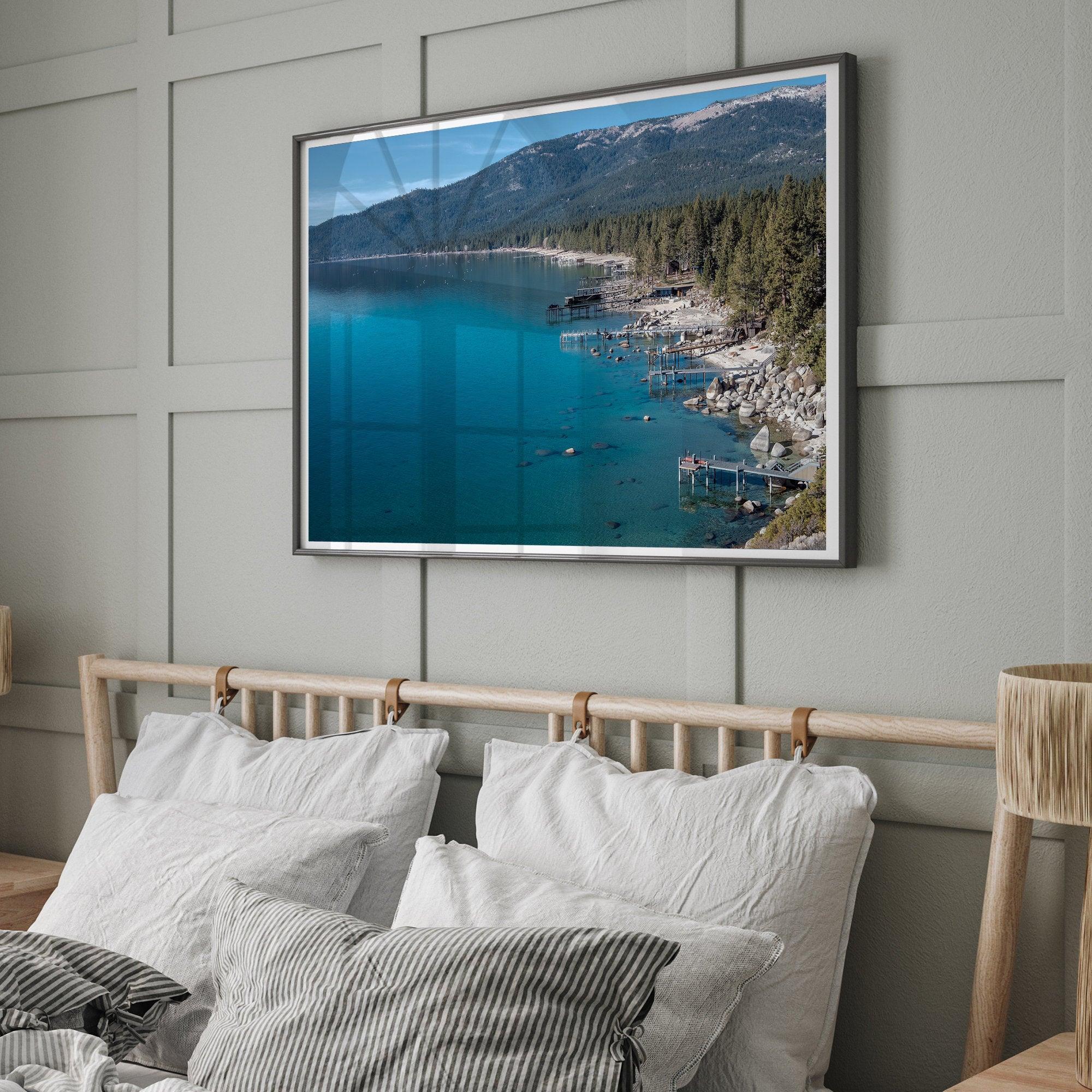 Captivating fine art print of Lake Tahoe showcasing docks, boats, beachfront, lush forest, majestic mountain, and serene waters, capturing the essence of lake life in Incline Village, Nevada.