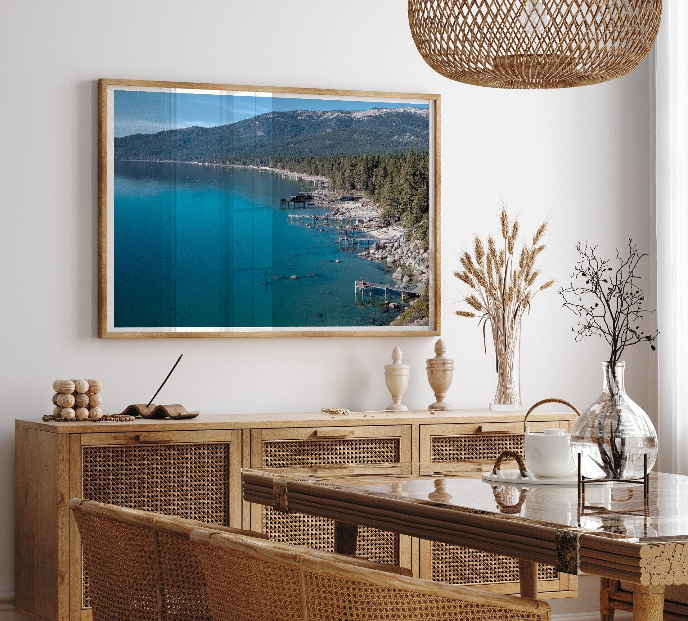 Captivating fine art print of Lake Tahoe showcasing docks, boats, beachfront, lush forest, majestic mountain, and serene waters, capturing the essence of lake life in Incline Village, Nevada.